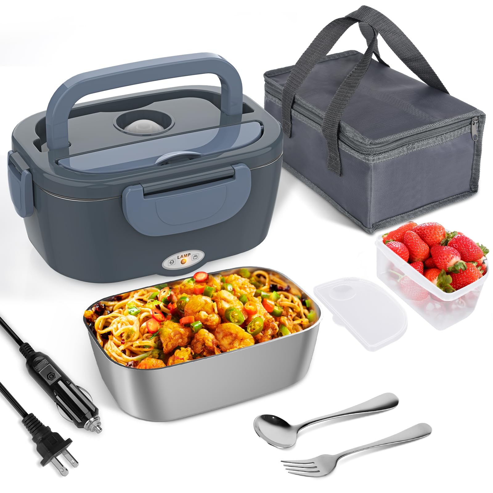 80W 1.5L Electric Lunch Box for Men & Women - Portable Food Warmer with 12V/24V/110V Power Options - Includes Fork, Spoon & Insulated Bag - Perfect for Office, Car, Travel & Camping - Great Valentine's Day & Birthday Gift Idea