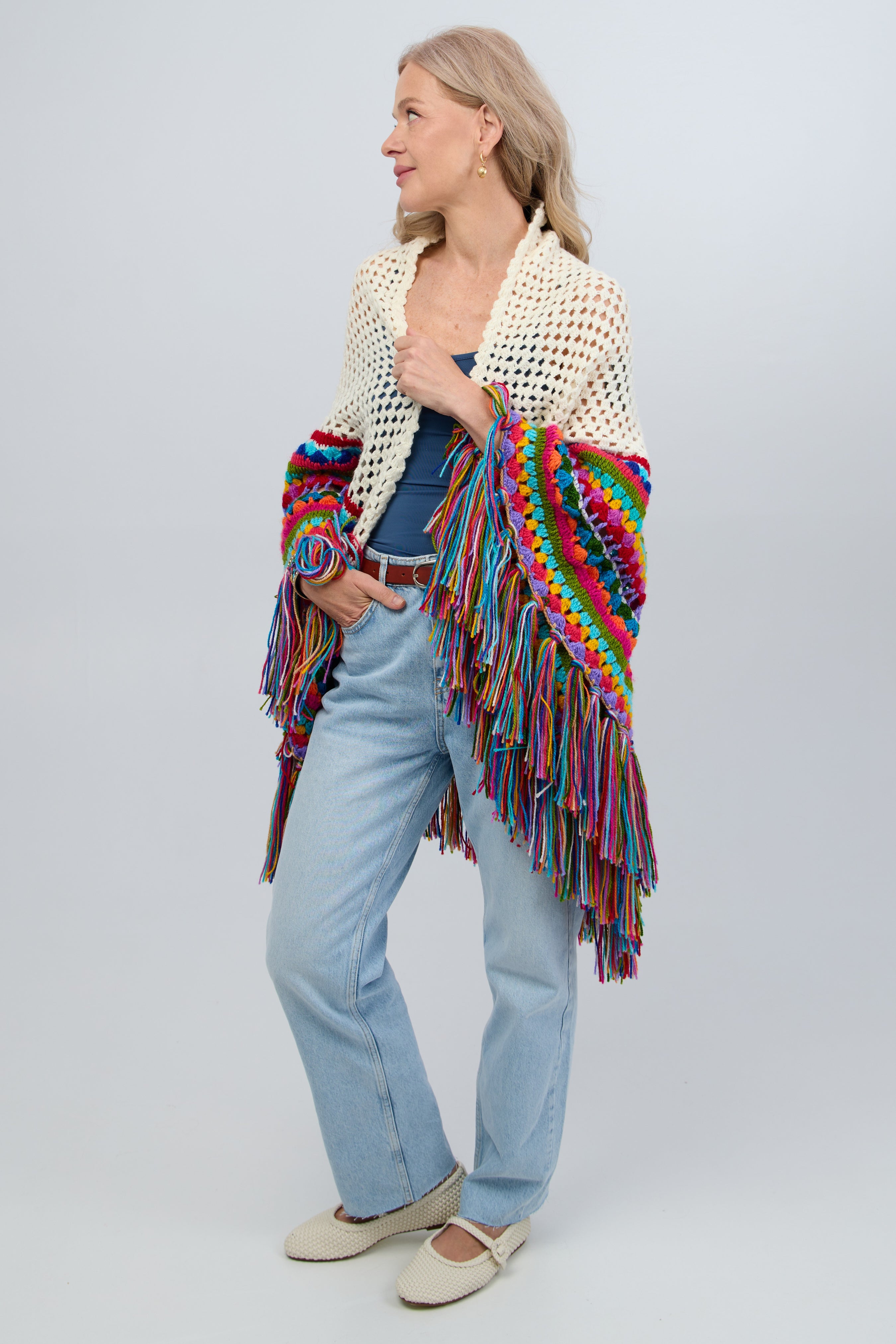Rainbow Crochet Fringe Wrap Shawl - Colorful Boho Chic Handmade Knit Scarf for Women - Perfect for Music Festivals, Beach Cover-ups & Boho Fashion Accessories