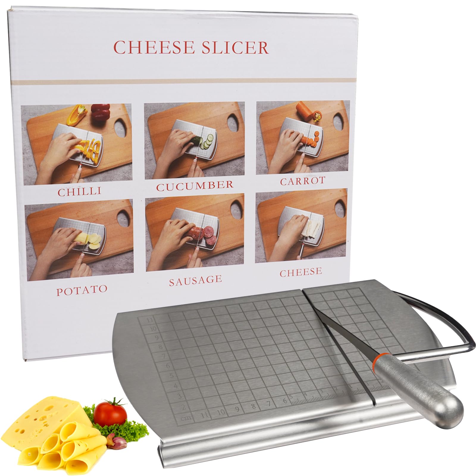 Premium Stainless Steel Cheese Slicer with Sharp Blade & Measurement Scale - Multi-Purpose Kitchen Tool for Cutting Cheese Blocks, Butter, Sausage, Ham & Vegetables - Perfect for Charcuterie Boards, Party Platters & Home Cooking