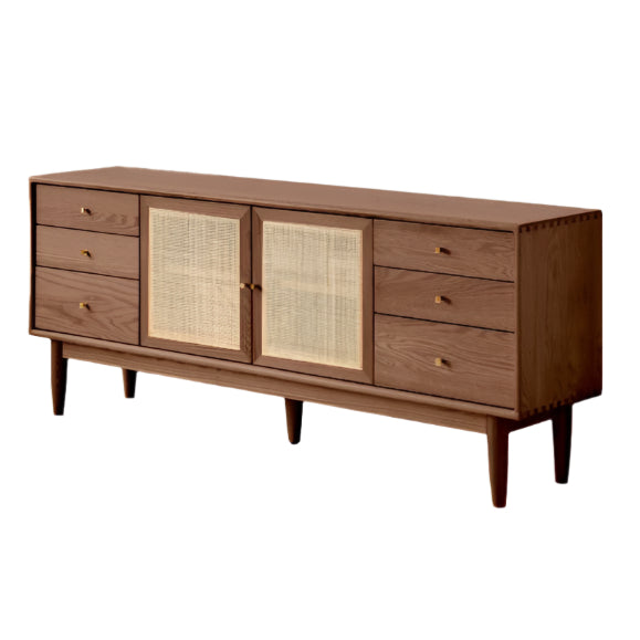 Modern Oak Solid Wood Rattan TV Stand with Storage - Entertainment Center for Living Room, Bedroom & Home Theater Setup