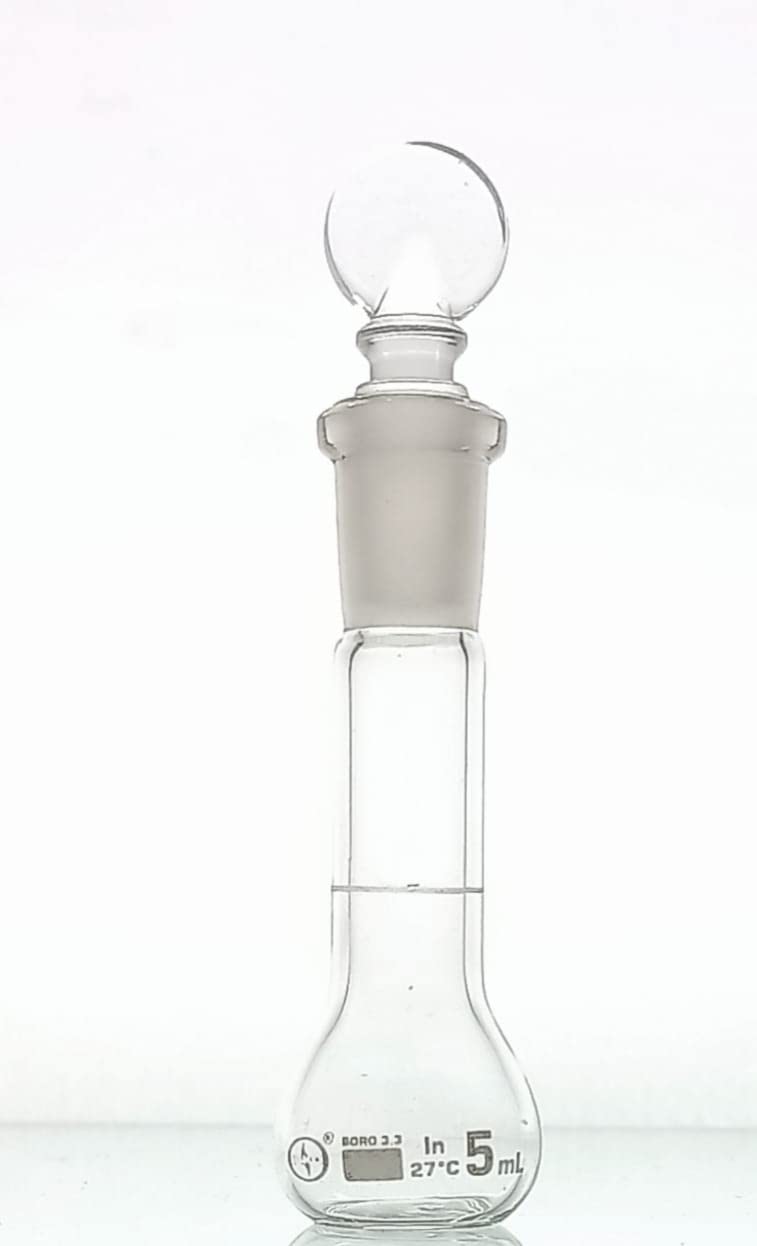 ISKO® Laboratory Volumetric Flask with Glass Stopper - 5ml Borosilicate Glass Measuring Flask for Chemistry Lab (Class B, 2mm Thickness, 10/19 Socket) - Set of 2 - Perfect for Precise Liquid Measurements in School Labs & Research Experiments