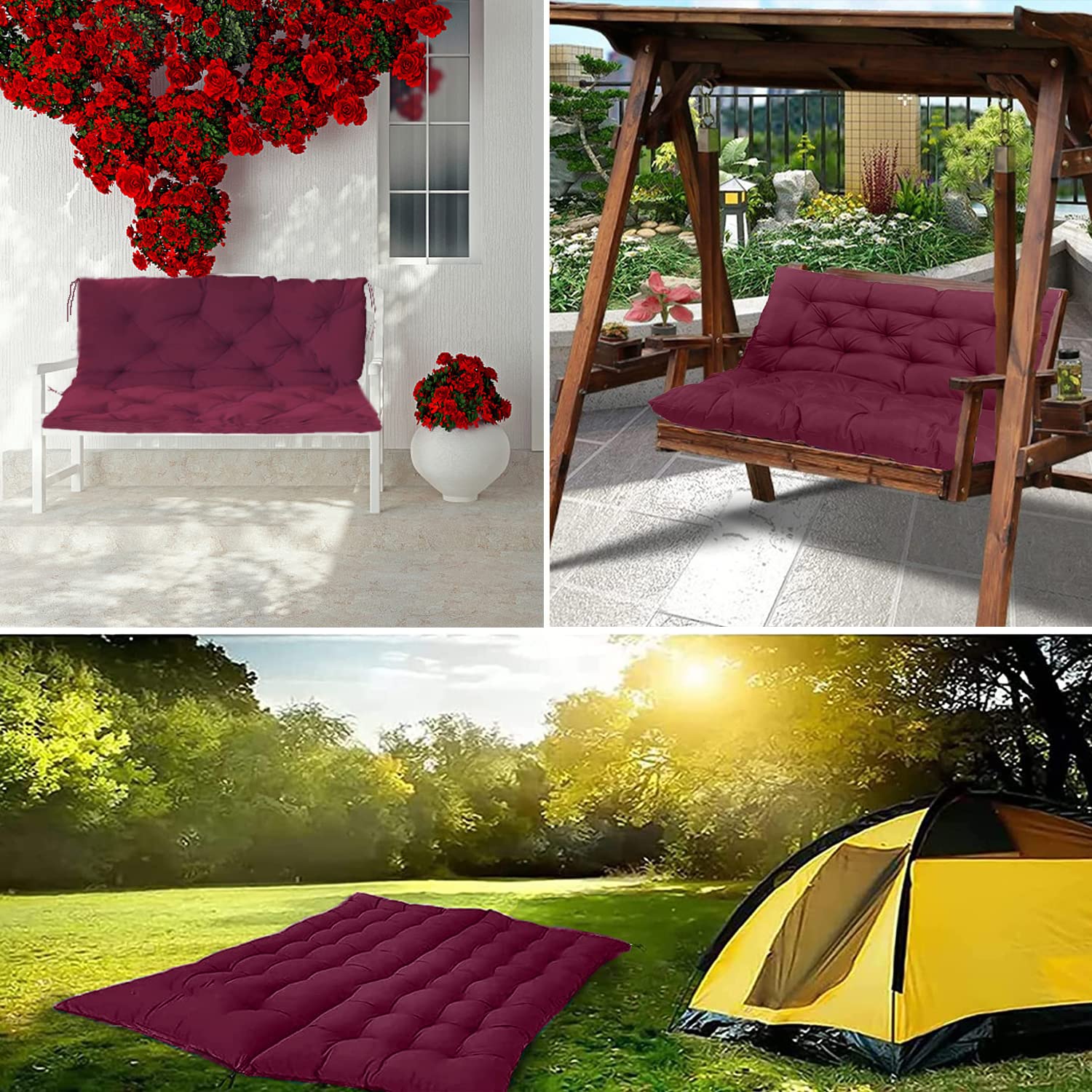 Waterproof Outdoor Swing Replacement Cushions with Backrest - 40x47 Inch Washable Bench Cushions for Patio, Garden & Loveseat (Wine Red) - Perfect for 2-3 Seater Outdoor Furniture & Relaxing in Your Backyard