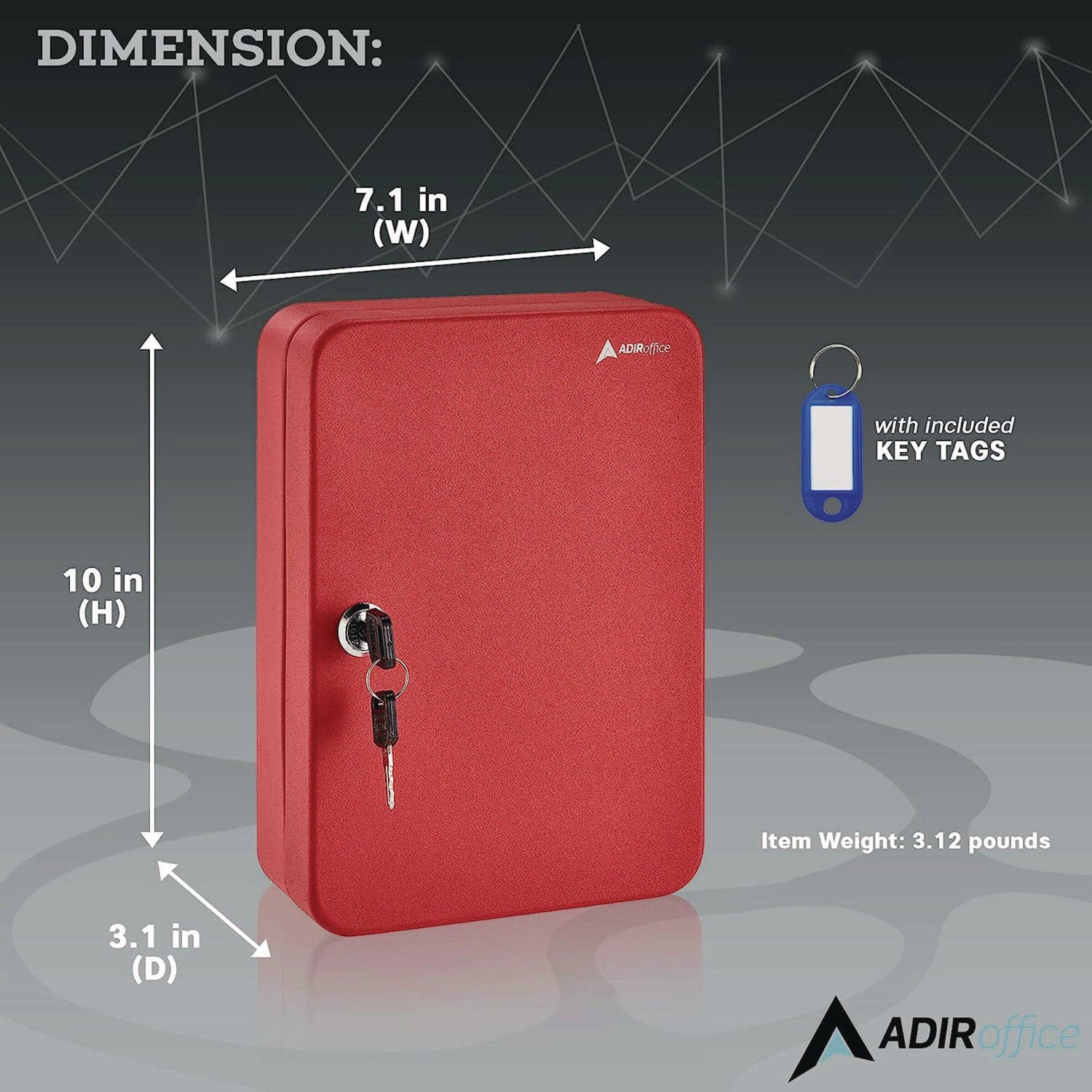 AdirOffice 48-Key Steel Key Cabinet with Secure Key Lock - 7.1 x 3.1 x 10 Inches, Stainless Steel 304 Construction in Red - Perfect for Home, Office, Hotel & School Key Organization