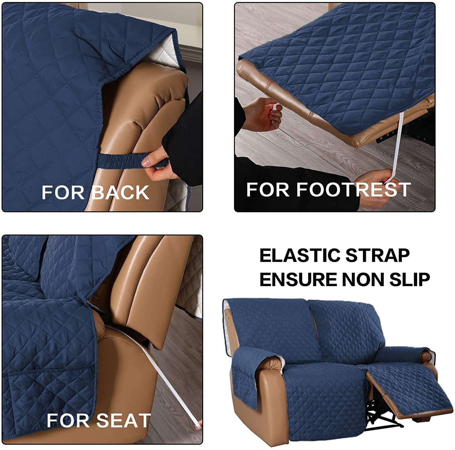 Anti-Slip Recliner Sofa Cover - Water Repellent 2/3 Seat Couch Slipcover for Reclining Couches, Quilted Pet-Friendly Furniture Protector (Navy Blue, 2-Seater) - Perfect for Living Rooms, Home Theater & Pet Owners
