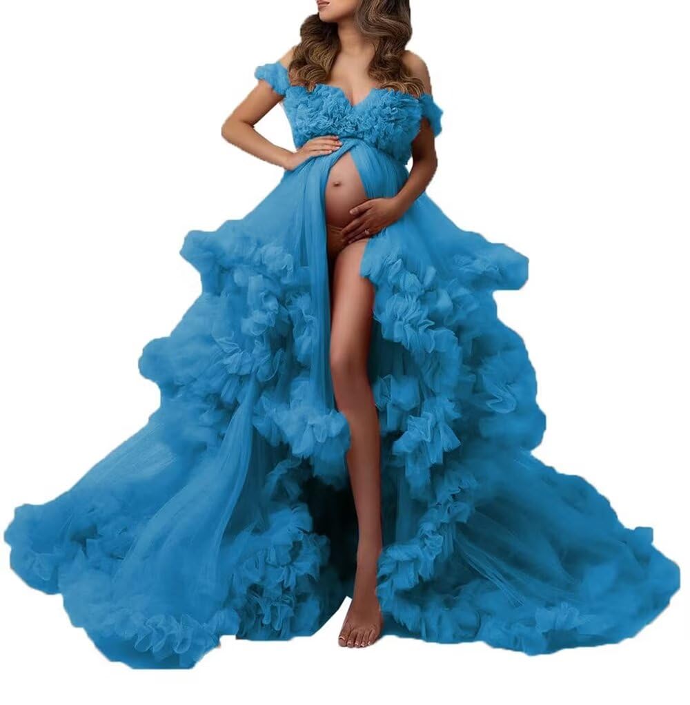 Elegant Long Puffy Tulle Maternity Dress for Baby Shower & Wedding - V-Neck Photoshoot Gown for Pregnant Women | Perfect for Maternity Photos, Bridal Showers & Special Occasions