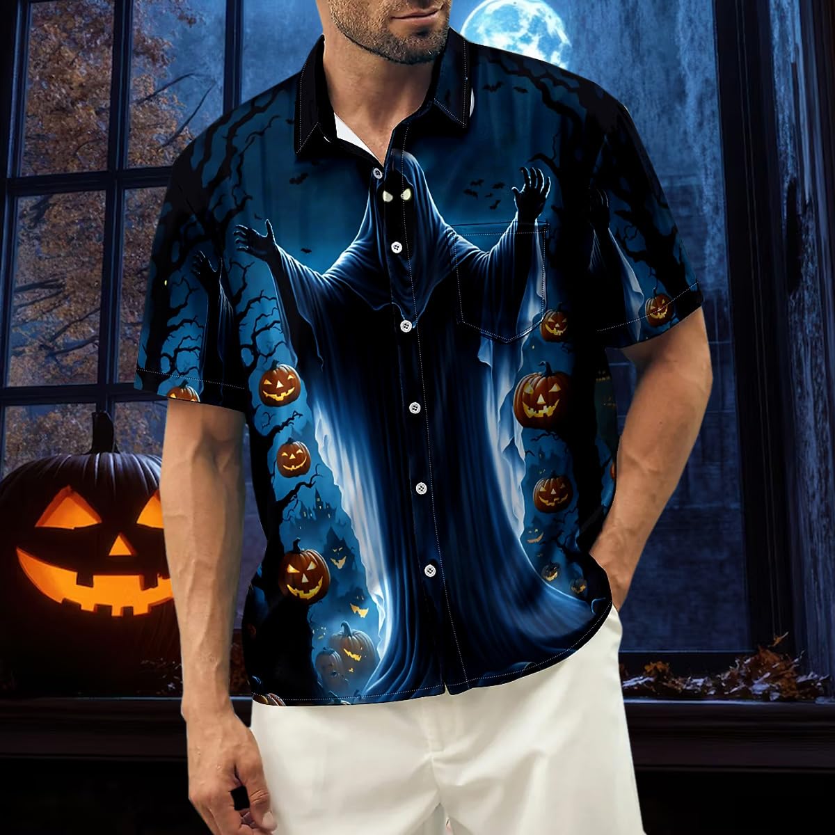 Funny Halloween Shirts for Men - Spooky Pumpkin Ghost Spider Monster Costume Short Sleeve Button Down Shirt | Perfect for Halloween Parties, Costume Contests & Trick or Treating