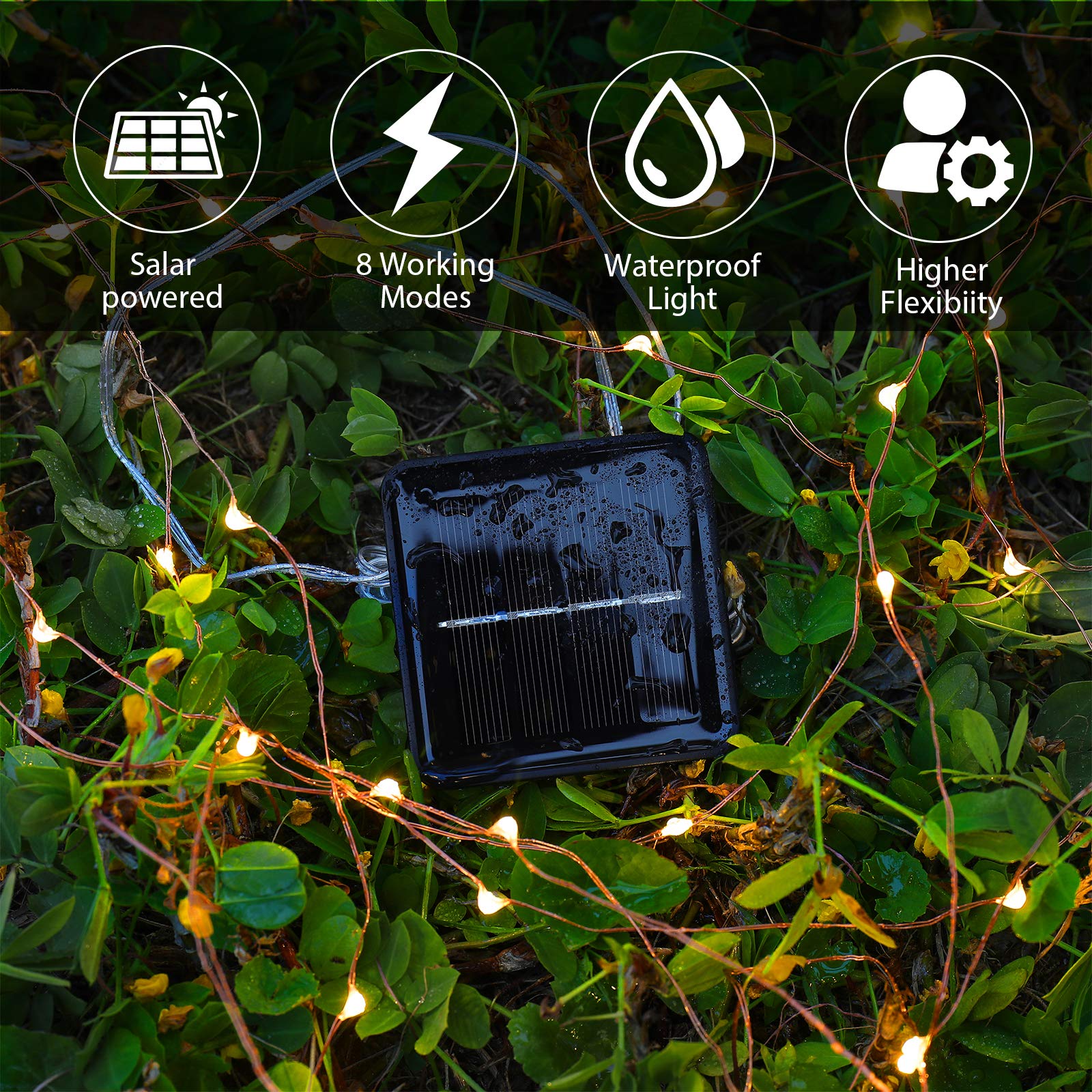 Solar Powered String Lights - 100 LED 33ft Waterproof Outdoor & Indoor Fairy Lights with 8 Lighting Modes, Warm White Copper Wire - Perfect for Garden, Patio, Yard, Wedding Decor & Party Lighting