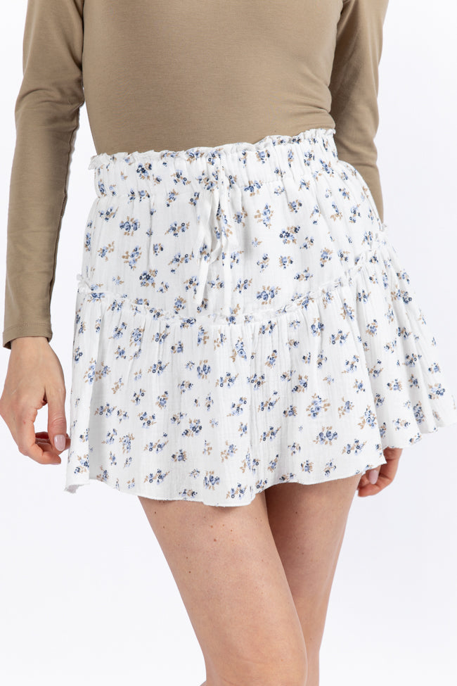 Elegant Ivory and Blue Floral Print Gauze Skort for Women - Summer Garden Party Outfit, Beach Cover-Up & Casual Wear