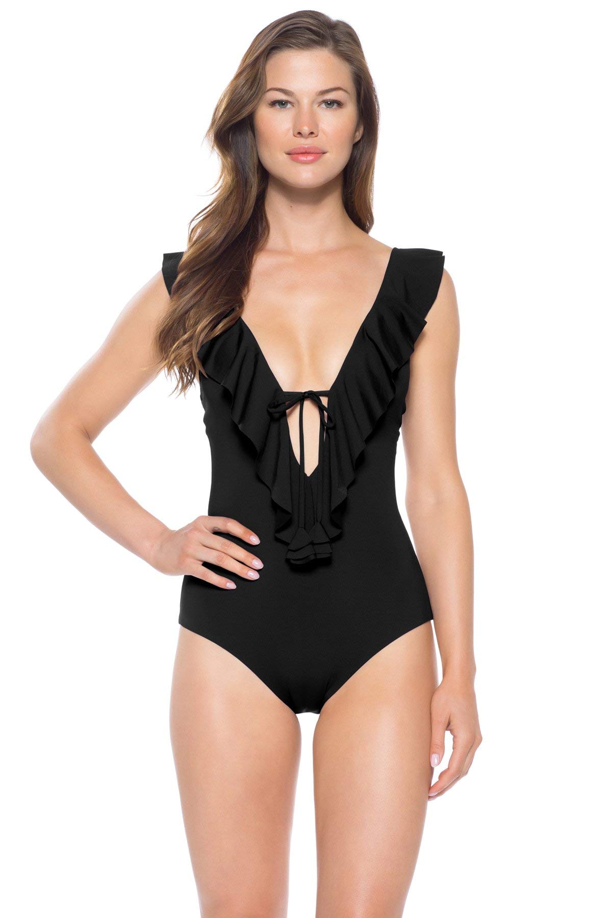Becca by Rebecca Virtue Women's Sexy Ruffle Plunge One Piece Swimsuit - Black Size S | High Waisted Bathing Suit for Beach, Pool & Vacation | Tummy Control Swimwear for Women