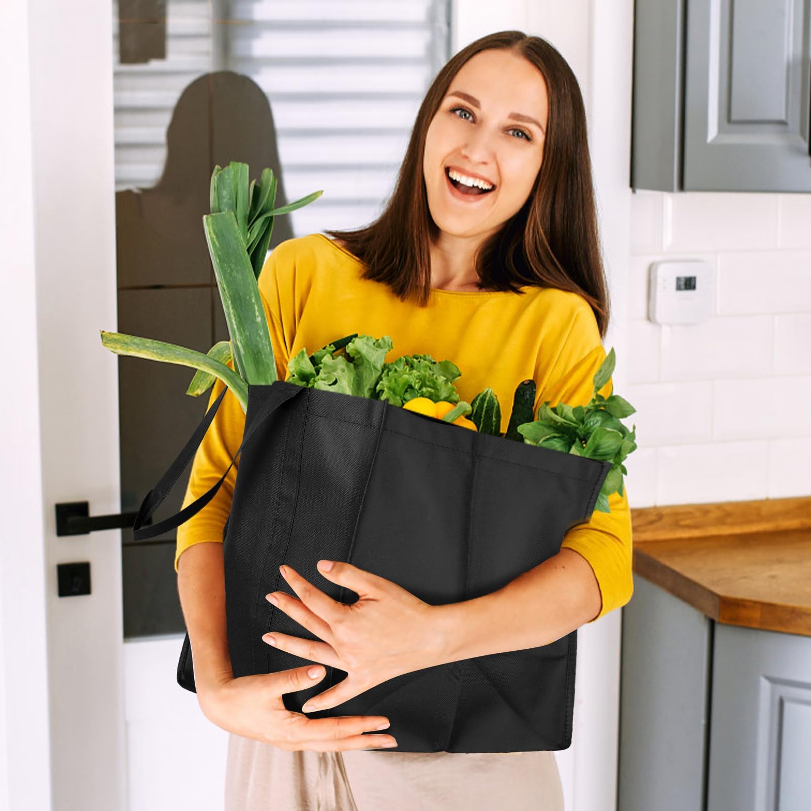 WISELIFE 10 Pack Reusable Foldable Grocery Shopping Tote Bags - Eco-Friendly Heavy Duty Produce Bags with Long Handles for Groceries, Clothes & Travel (Dark Grey & Black) - Perfect for Supermarkets, Farmers Markets & Daily Errands