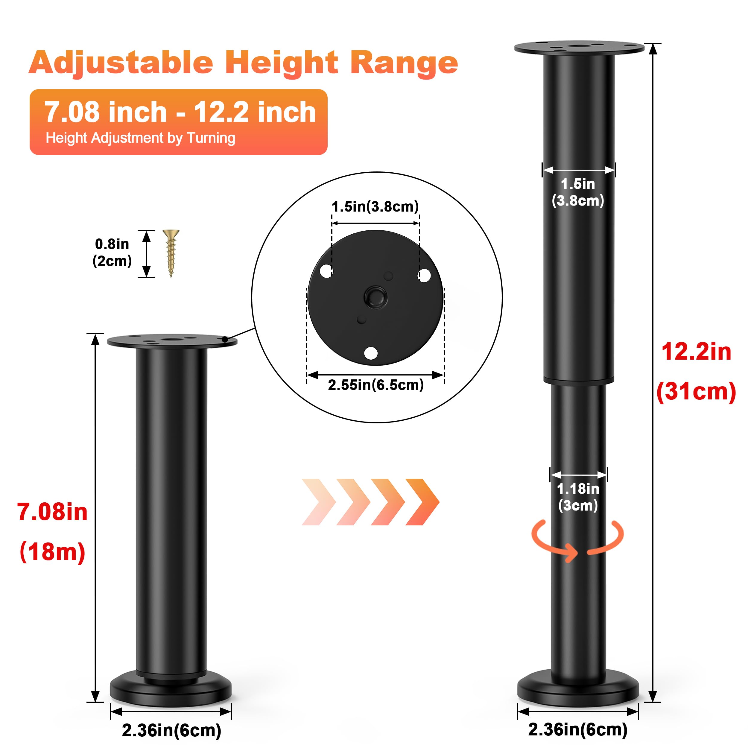 4 Pcs Adjustable Bed Center Support Legs 7.08-12.2 Inch - Heavy Duty Metal Furniture Legs for Bed Frame, Cabinet, Sofa, Dresser, Couch & Table - Perfect for Bed Slat Support & Furniture Replacement (Ideal for Home, Office & Dorm Use)