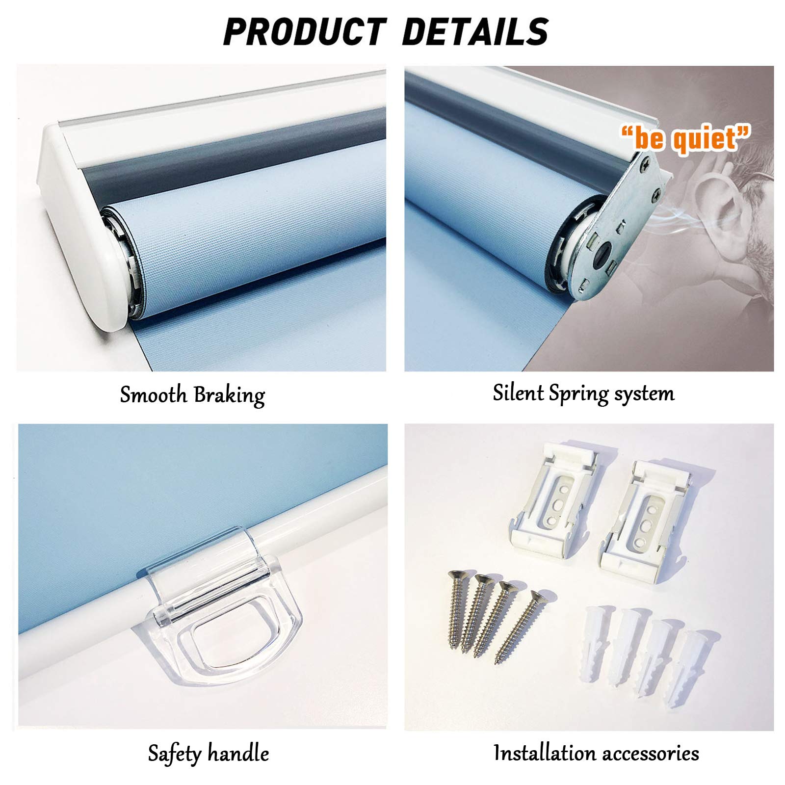 Blackout Cordless Roller Blinds for Windows - 100% Room Darkening Shades with Safety Spring Mechanism - Custom Made Privacy Window Coverings (White, 71.5
