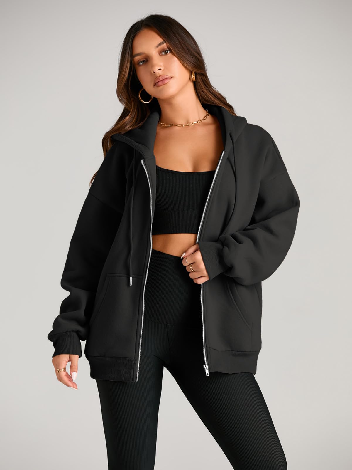 EFAN Women's Oversized Zip Up Hoodie with Drawstring & Pocket - Cozy Fall Jacket for Casual Wear, Street Style & Outdoor Activities