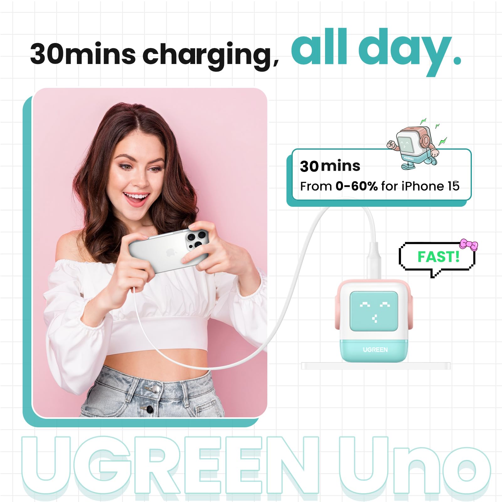 UGREEN Nexode 30W GaN Fast Charger - USB C Wall Charger Block for iPhone 16/15/14 Pro/Max, Galaxy S24/S23 Ultra, Pixel 8/7, MacBook Air, iPad Pro | Compact PD Charging Adapter (Pink Blue) - Perfect for Travel, Office & Home Use