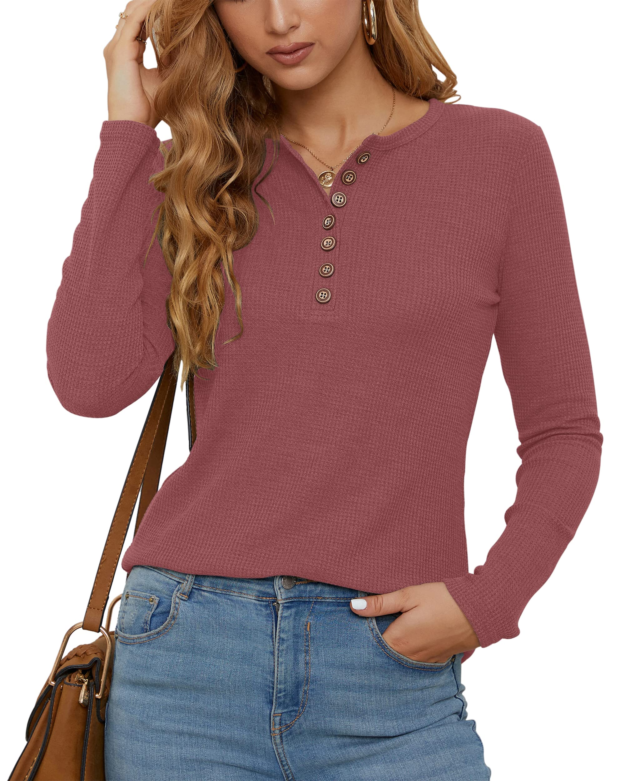 WNEEDU Women's Slim Fit Waffle Knit Long Sleeve Henley Shirt - Casual Button Down V-Neck Blouse for Work, Date Night & Fall Layering
