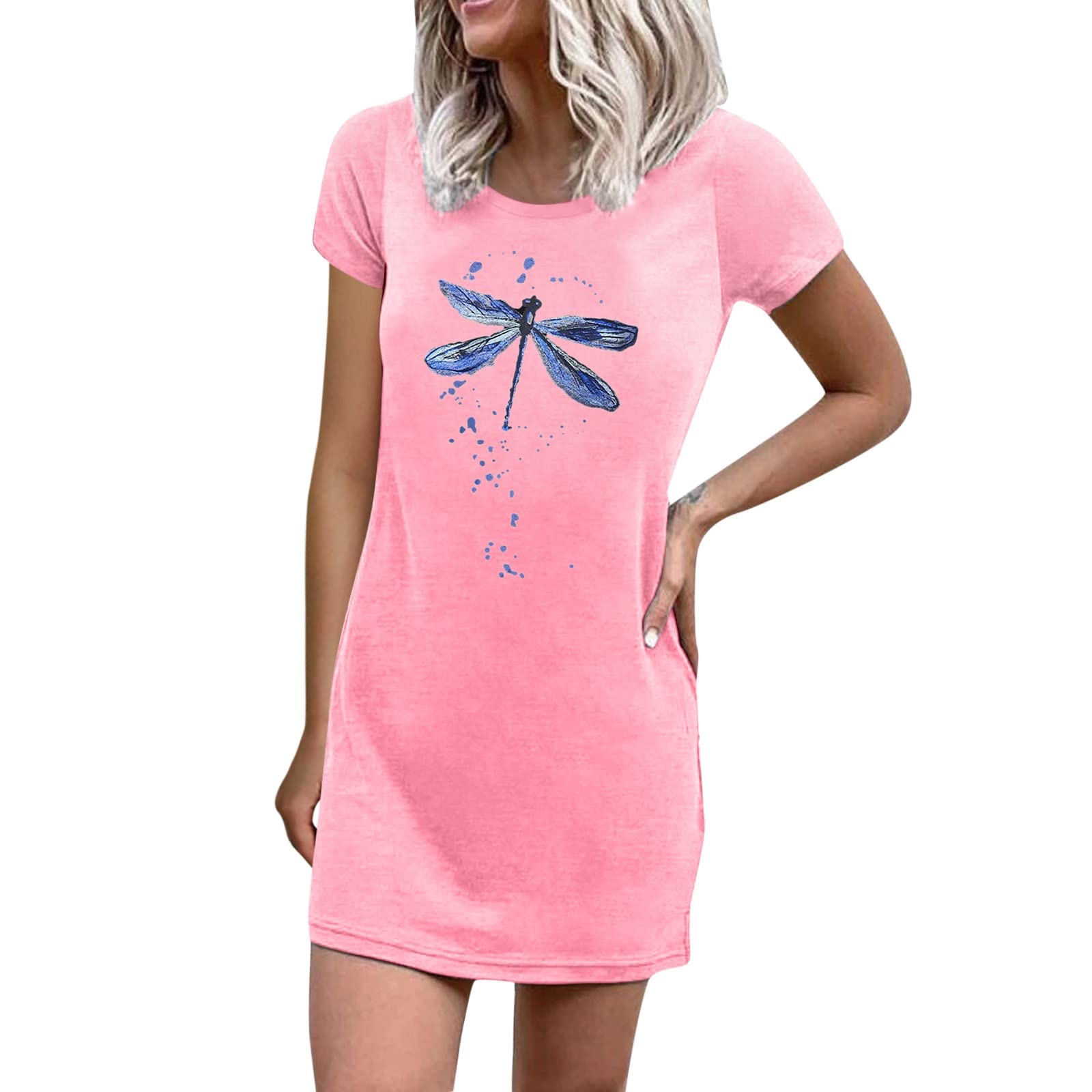 Women's Crew Neck Printed T-Shirt Dress - Summer Short Sleeve Swing Dress with Creative Design | Casual Wear, Beach Outfit & Summer Fashion 2022