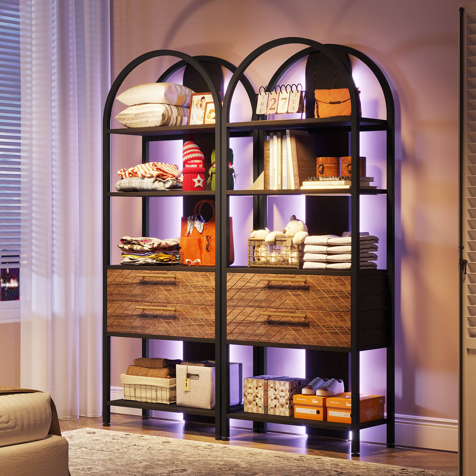 4 Tier Industrial Bookshelf with 2 Drawers & LED Lights - Sturdy Metal Bookcase for Home Office, Living Room, Bedroom - Perfect for Organizing Books, Decor & Storage Needs