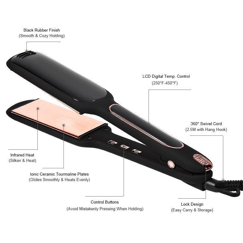 Infrared Hair Straightener with LCD Display - Black Wide Plate Flat Iron for Smooth & Shiny Hair - Perfect for Home Use & Salon Styling