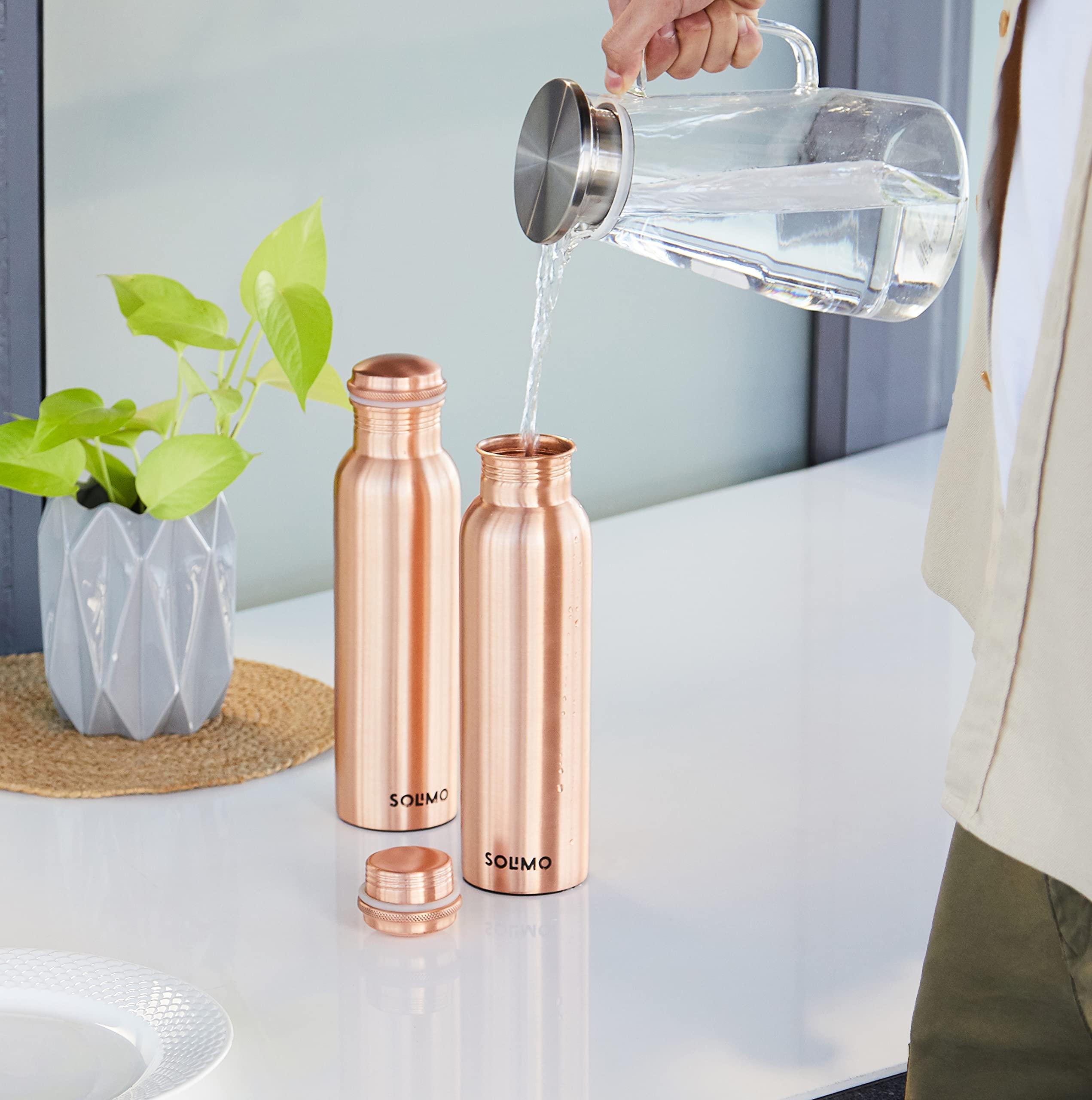 Solimo Pure Copper Water Bottle 950ml (Set of 2) - 100% Rustproof & Leakproof Matte Finish Copper Bottle for Hydration - Perfect for Home, Office, Gym & Outdoor Activities