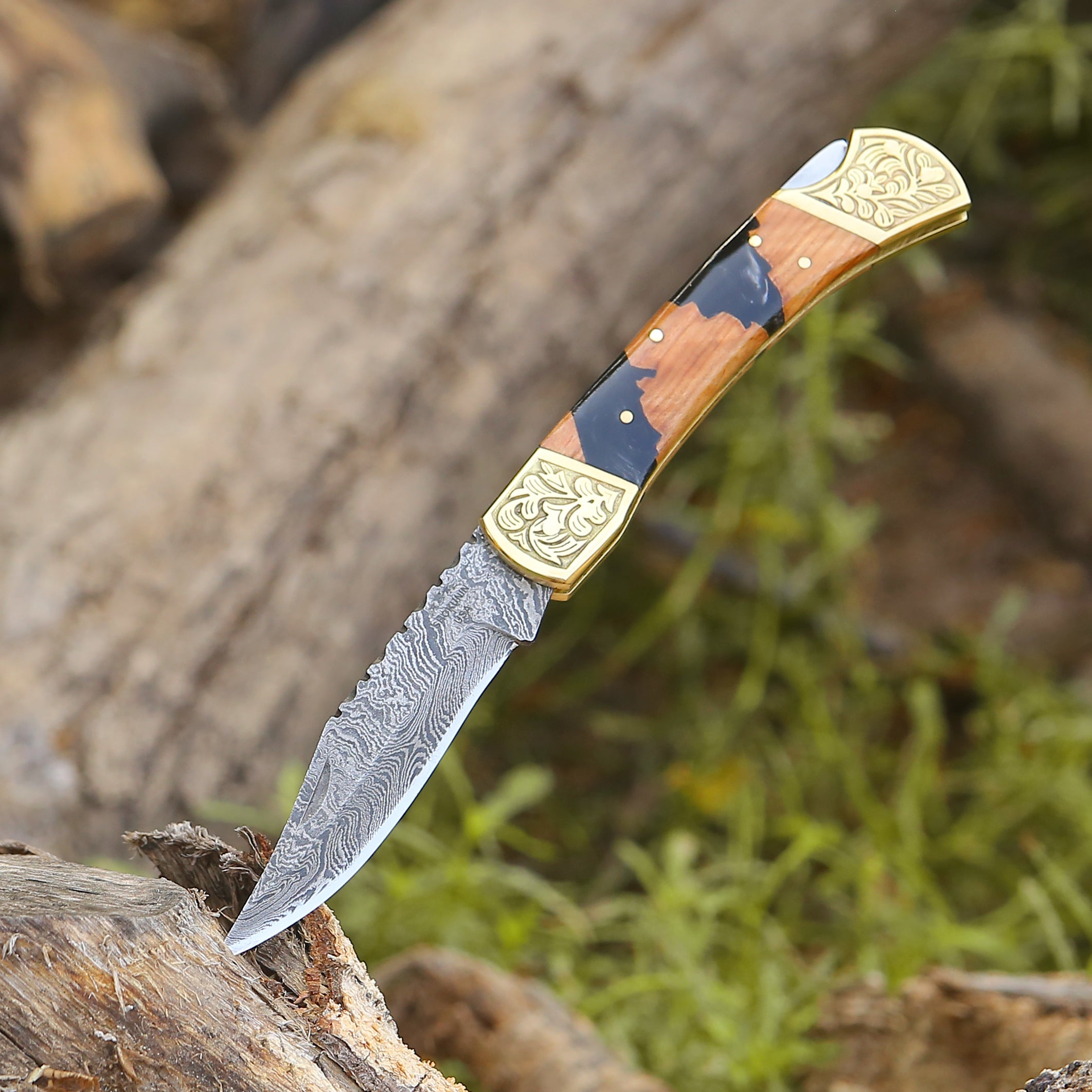 Premium Damascus Steel EDC Pocket Knife - Handcrafted with Olive Wood Handle & Leather Sheath - Perfect for Camping, Hiking, and Everyday Carry (EDC)