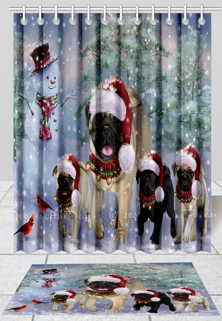 Anti-Slip Christmas Pug Dog Shower Curtain & Bath Mat Set - Plush Polyester Bathroom Decor with Hooks (20''x32'' Rug + 69