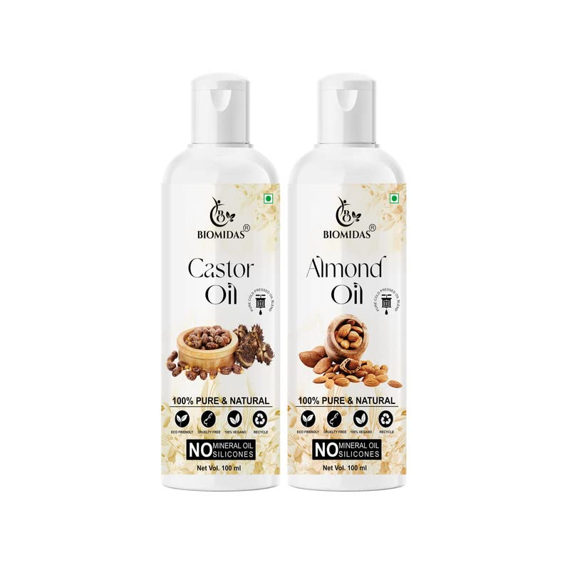 Biomidas 100% Pure Castor Oil & Almond Oil Combo Set (100ML Each) - Promotes Rapid Hair Growth, Reduces Hair Fall, Repairs Split Ends for Softer & Shinier Hair - Perfect for Daily Hair Care & Scalp Treatment (Pack of 2)