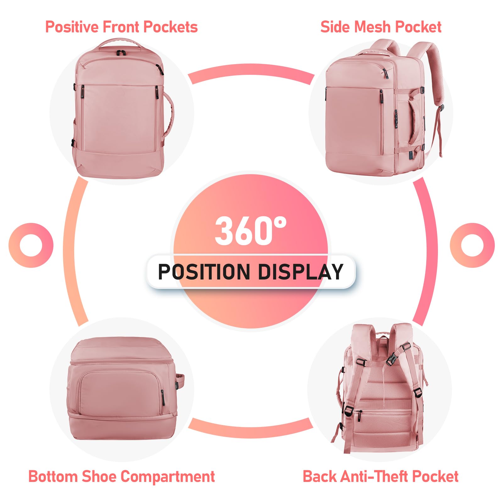 45L Airline Approved Carry On Travel Backpack for Women - Cute Underseat Personal Item Bag with Shoe Compartment - Perfect for Hiking, Outdoor Weekend Trips & Casual Daypack - Ideal Gift for Friends (Pink)