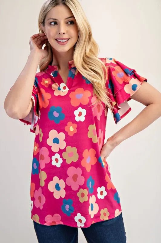 Celeste Bold Floral Print Ruffle Sleeve Blouse - Women's Casual Chic Tops for Spring Summer Outfits, Date Night & Office Wear