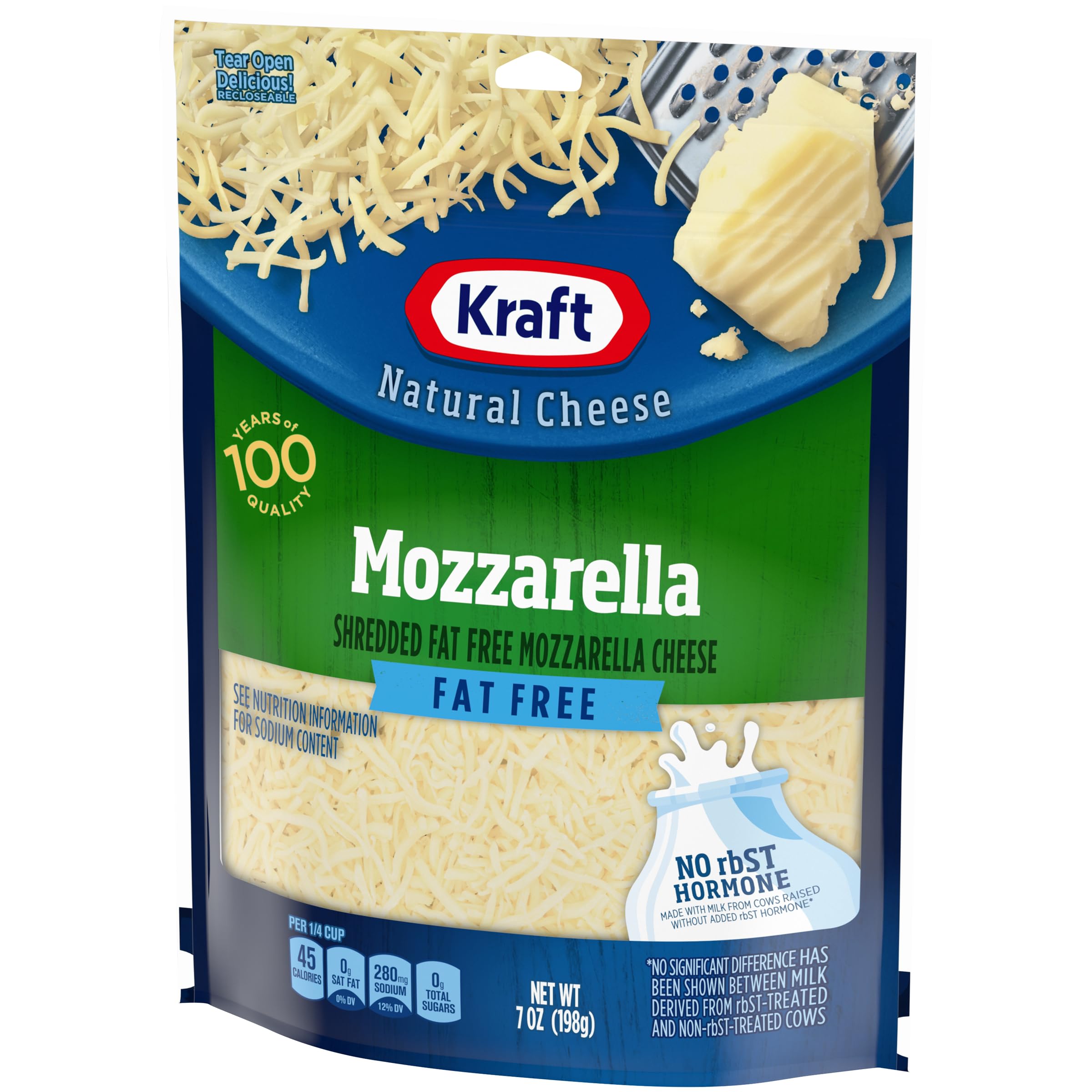 Fat Free Natural Mozzarella Shredded Cheese - 7 oz Pouch | Kraft | Low Calorie, Gluten Free | Perfect for Pizza, Pasta & Salads