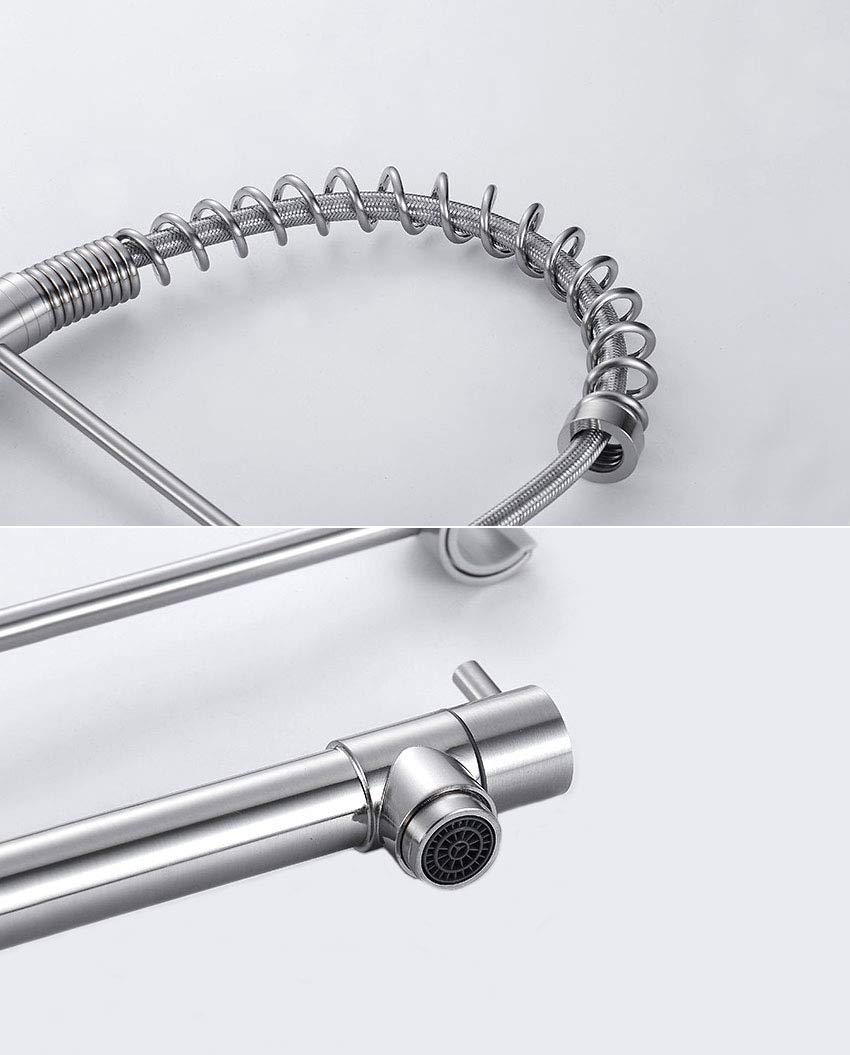 Modern Commercial Lead-Free Solid Brass Kitchen Sink Faucet - Single Handle Spring Pull Down Sprayer in Brushed Nickel (FC1011A) - Perfect for Restaurants, Home Kitchens & RV Use