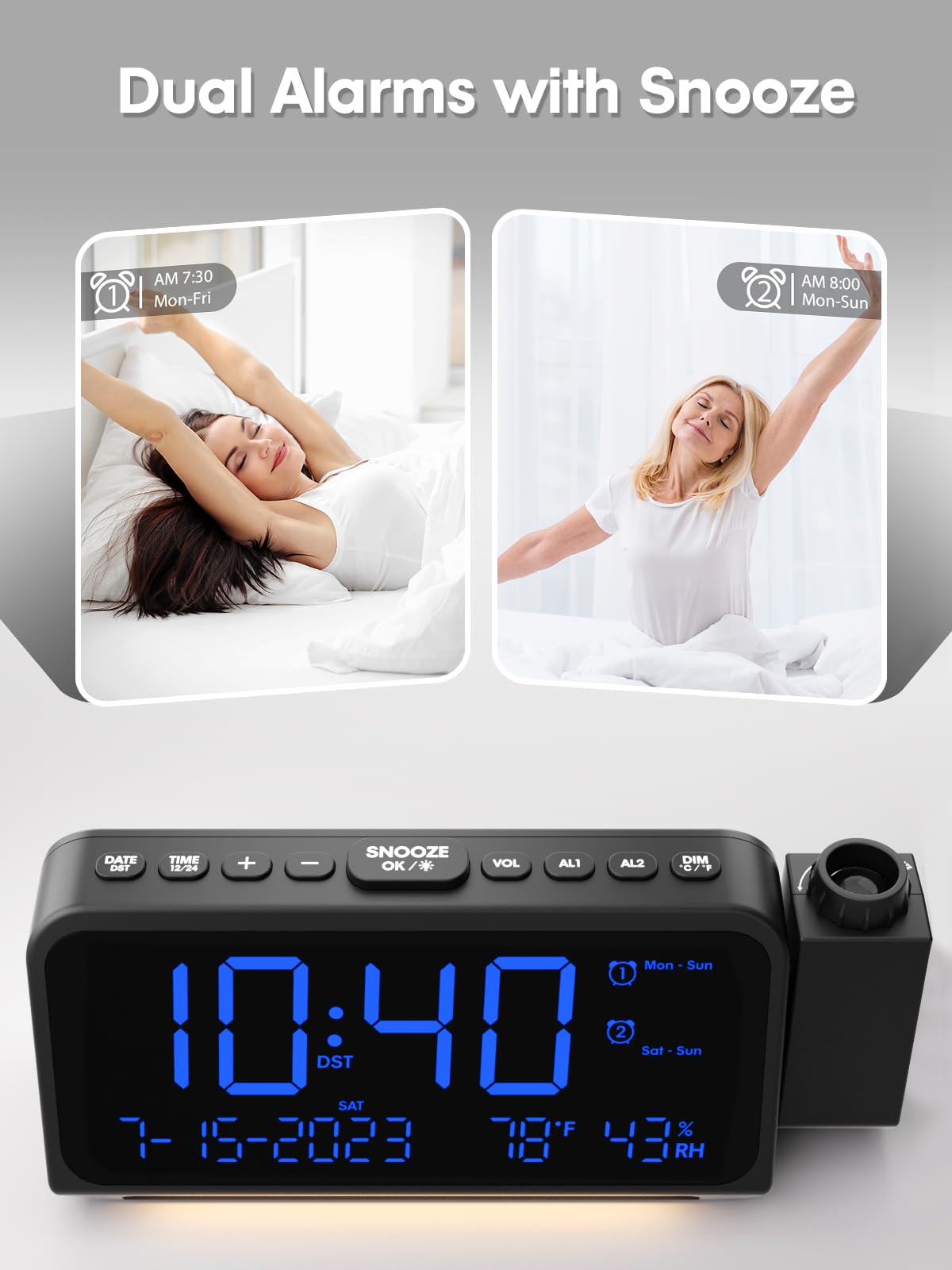 ROCAM Digital Projection Alarm Clock with Ceiling/Wall Display - 5-Level Dimmer, Dual Alarm (Weekday/Weekend Mode), Snooze, Temperature Display & USB Charging Ports | Perfect for Bedrooms, Home Offices & Nightstands