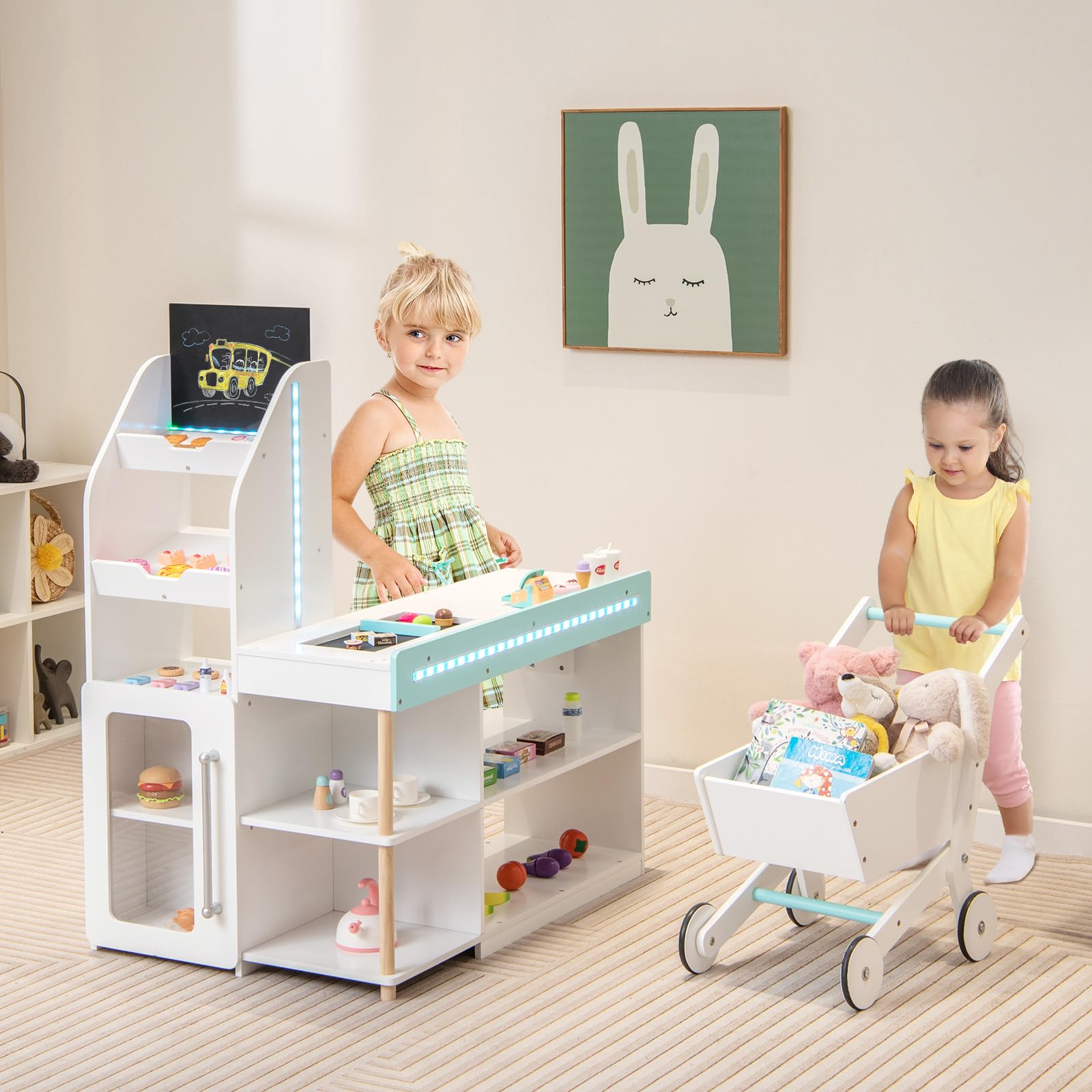 Costzon Wooden Pretend Play Grocery Store with Light, Shopping Cart, Cash Register & Vending Machine - Supermarket Playset with Chalkboard for Kids - Perfect Gift for Boys & Girls - Fun Role-Playing & Learning Toy for Home & Classroom