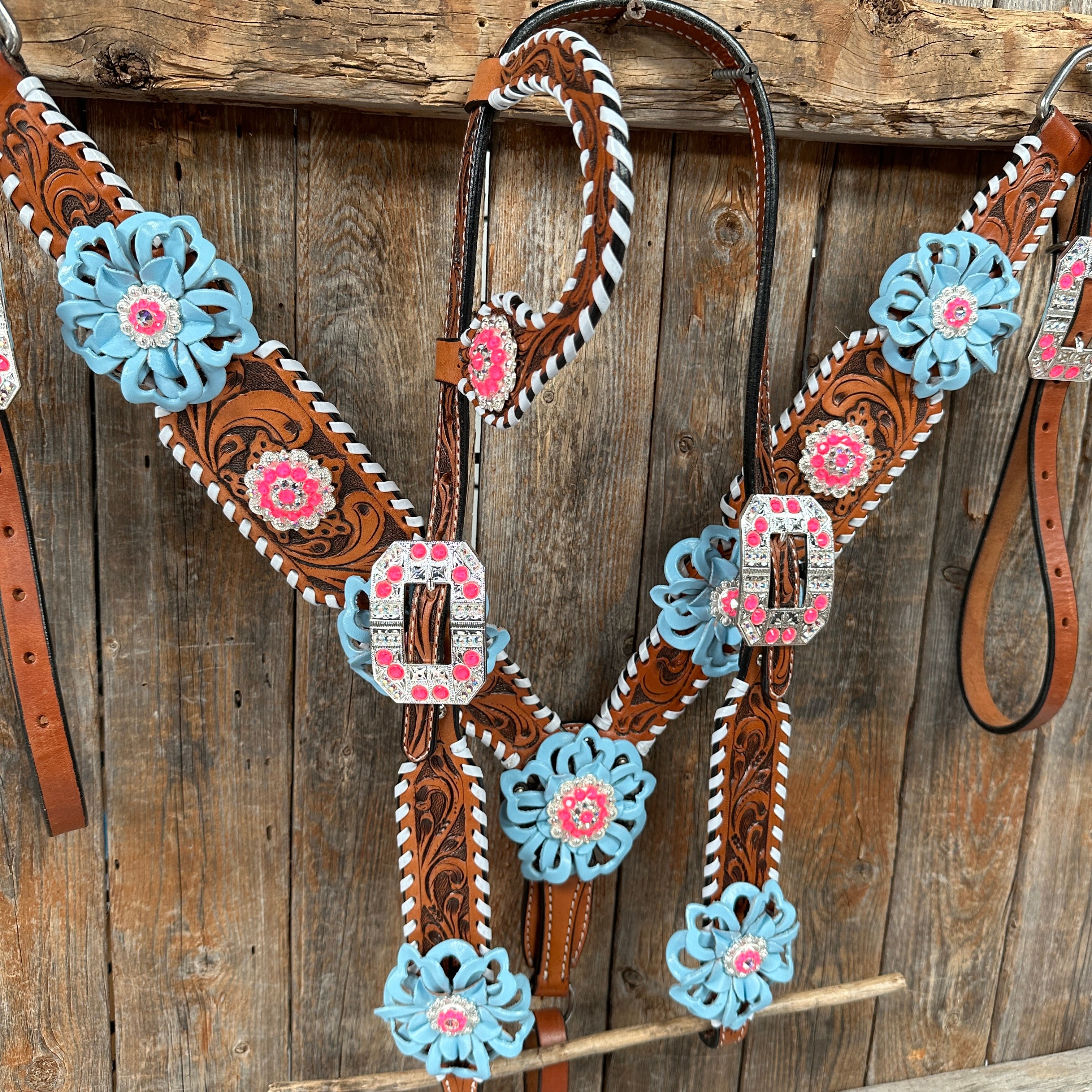 Light Oil Whipstitch Pink & Blue One Ear/Breastcollar Tack Set #OEBC575 - Premium Equestrian Gear for Western Riding & Horse Shows