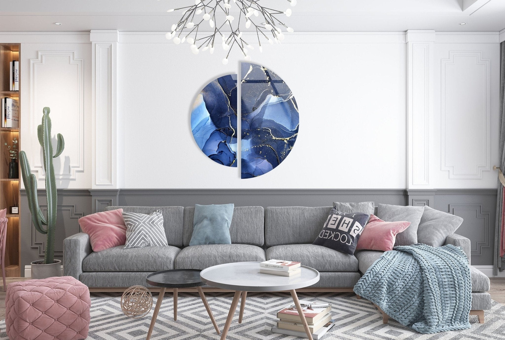 2 Piece Circular Dark Blue Marble Glass Wall Art Set - Modern Home Decor for Living Room, Bedroom, Office - Elegant Handmade Glass Mosaic Wall Hangings for Interior Design