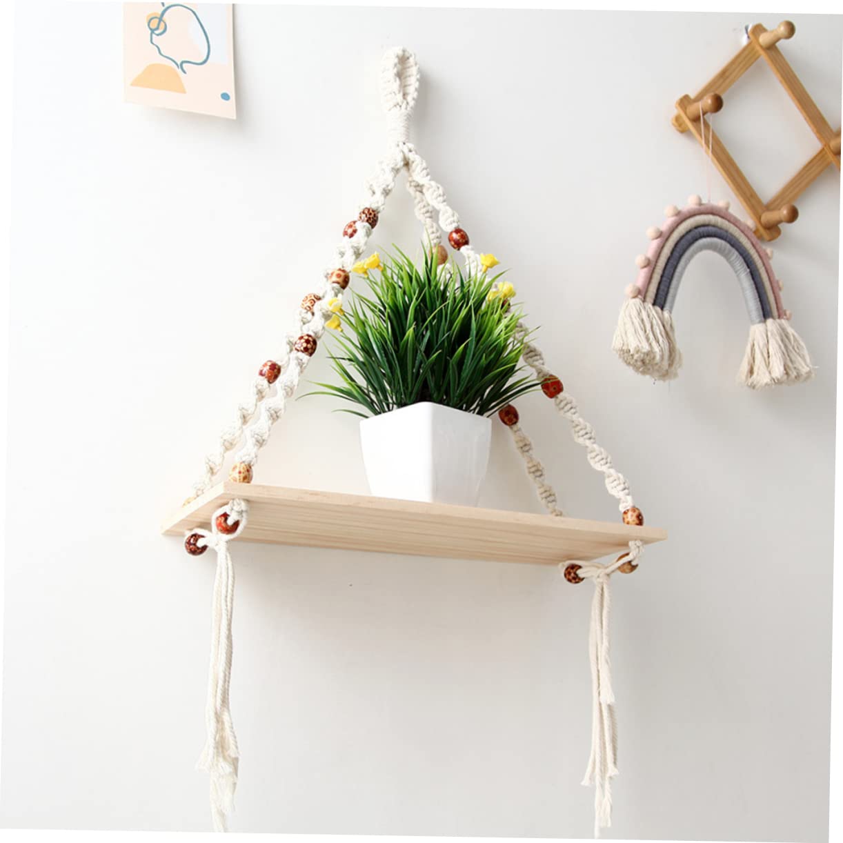 WHAMVOX Handmade Cotton Rope Storage Rack with Wooden Board - Minimalist Home Decor Organizer for Bathroom, Kitchen & Bedroom Organization