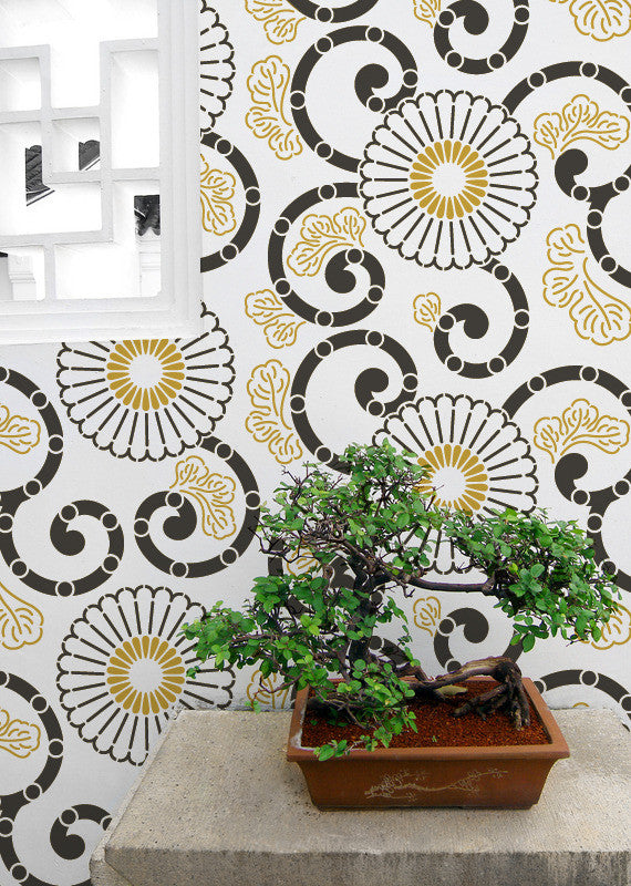 Kyoto Allover Flower Wall Stencil - DIY Home Decor Painting Template for Bedroom, Nursery & Living Room Wall Art Projects
