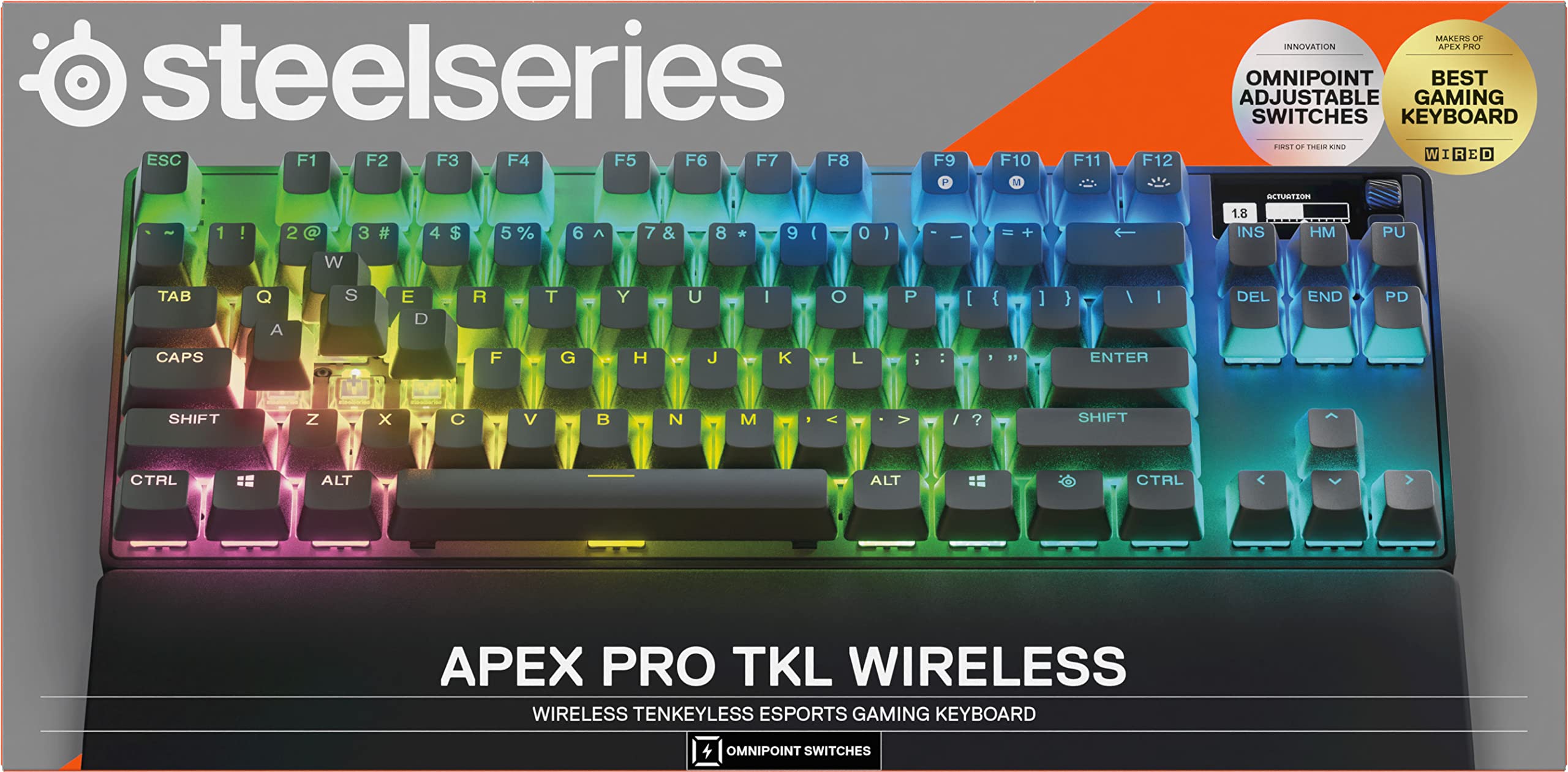 SteelSeries Apex Pro TKL Wireless Mechanical Gaming Keyboard - HyperMagnetic Switches - Customizable Actuation - PBT Keycaps - Bluetooth & 2.4GHz Wireless - USB-C - QWERTY Layout - Perfect for Esports, Streaming & Competitive Gaming