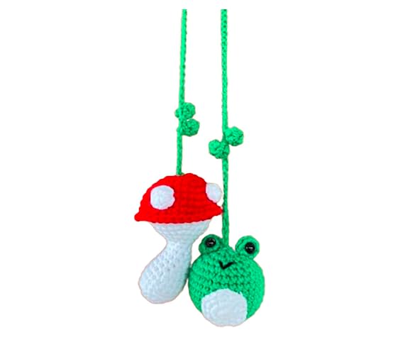 Handmade Crochet Hanging Green Frog with Red Mushroom Car Decor - Knitted Plant Pot Accessories for Vehicles - Cute Rear View Mirror Hanging Ornament for Car Interior (Perfect for Gifts, Boho Style Car Accessories & Nursery Decor)