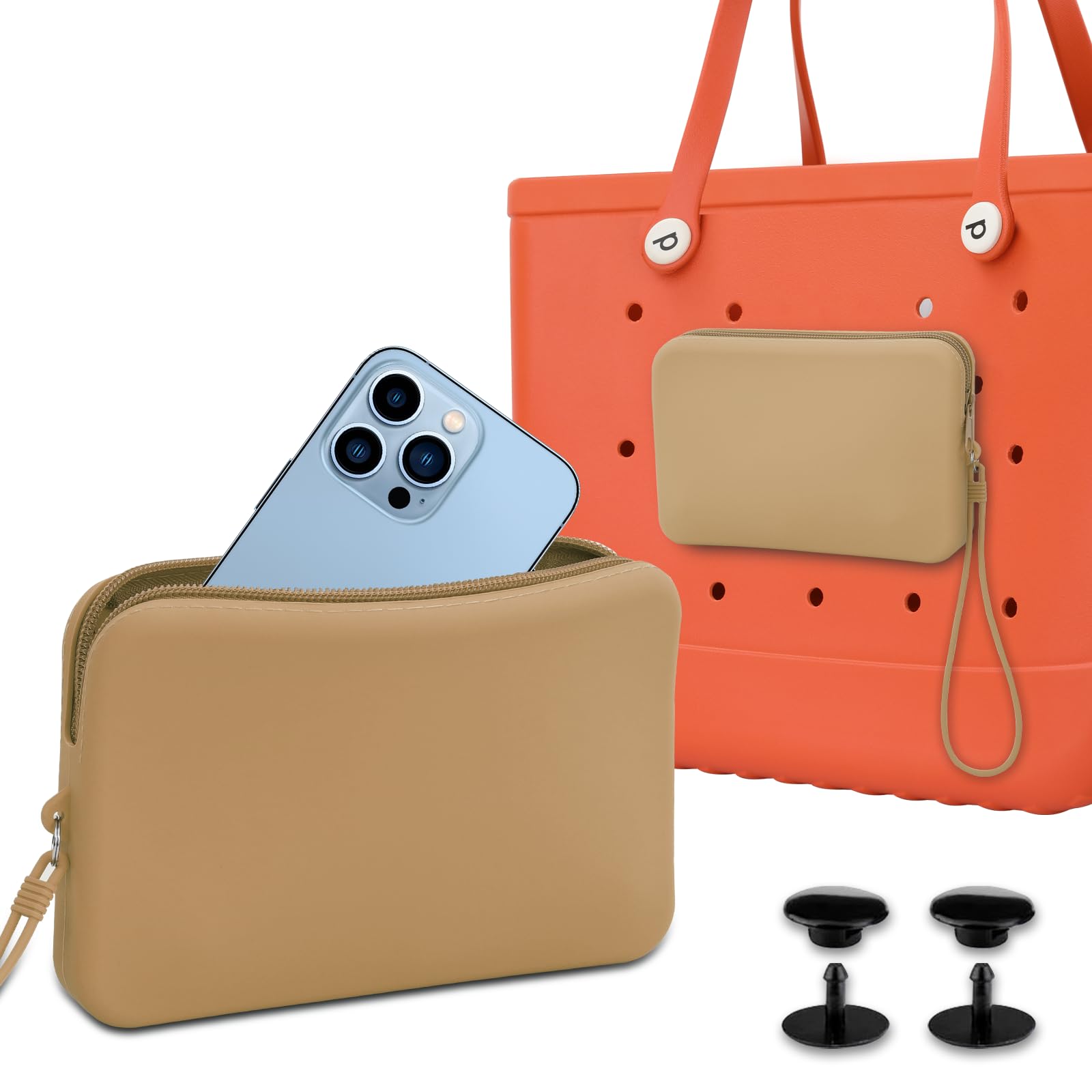 Bogg Bag Accessories Set - Large Khaki Silicone Phone Holder, Charm & Zipper Wallet with Lanyard | Perfect for Beach, Pool & Tote Bags | Waterproof Organizer for Summer Outings
