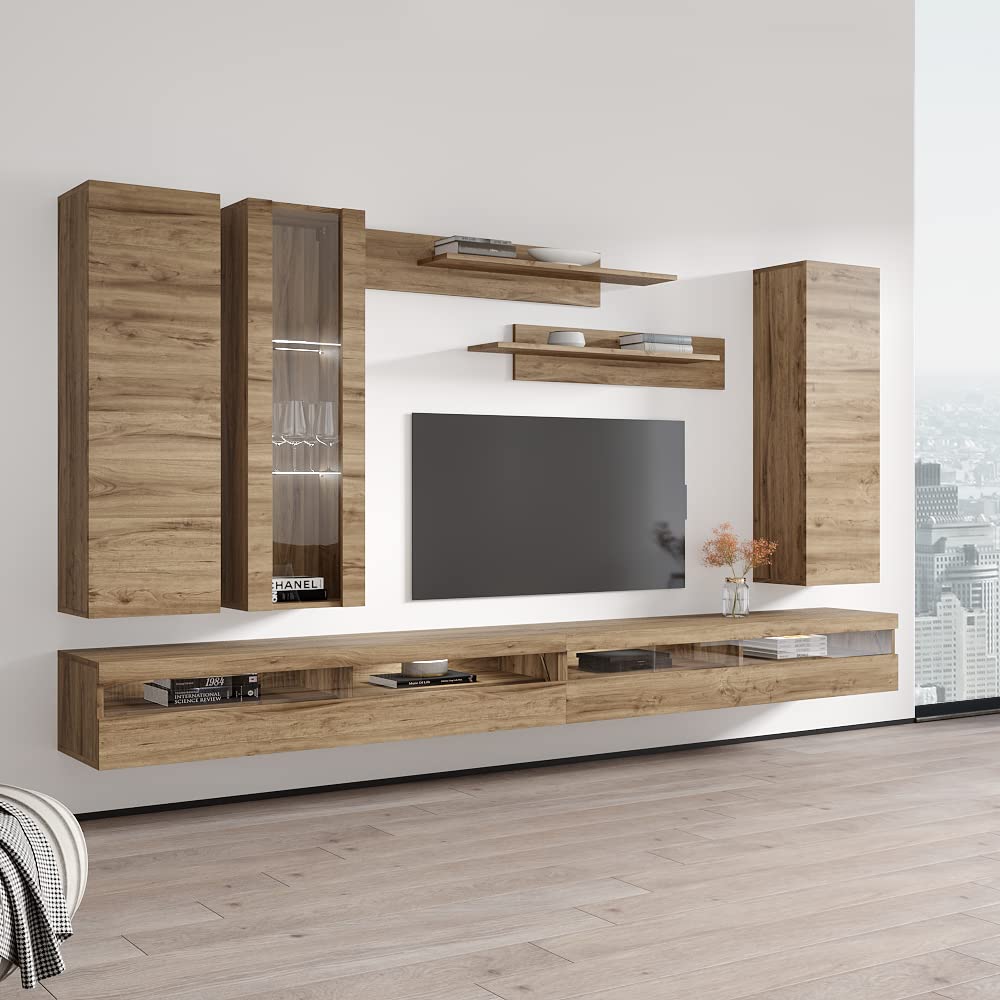 Modern Floating TV Stand with Storage & LED Lights - Wall-Mounted Entertainment Center for Bedroom & Living Room - Oak Wood TV Console with Shelves (Perfect for Small Spaces & Home Theater Setup)