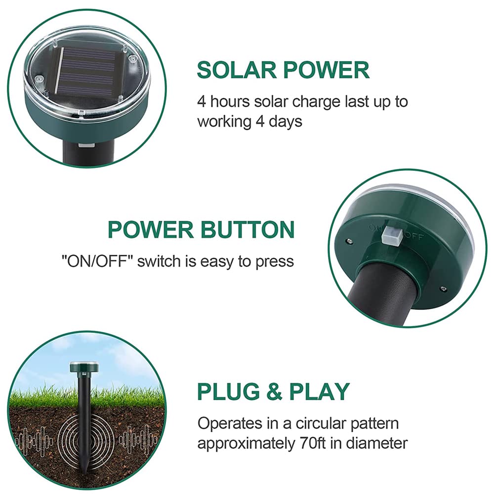 (2 Pack) Solar Powered Ultrasonic Gopher Repellent - Waterproof IP65 Mole & Rodent Deterrent with Auger Drill Bit - Effective Against Groundhogs, Voles, Snakes - Perfect for Gardens, Lawns & Farms