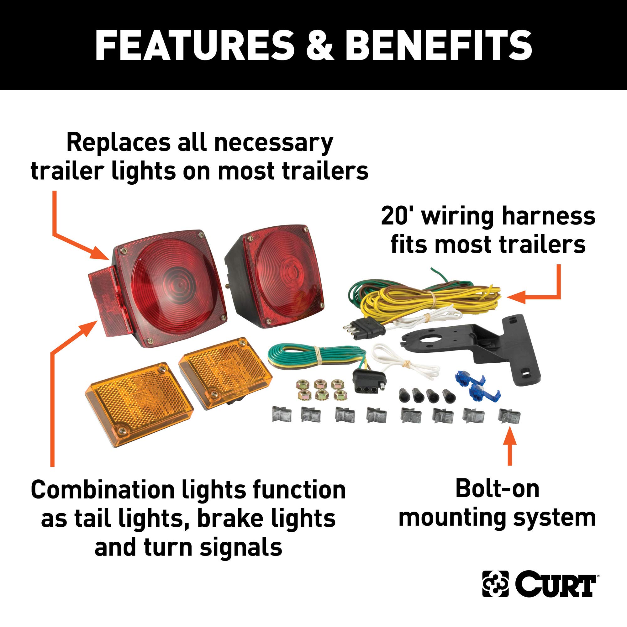 CURT 53540 Replacement Trailer Light Kit with Combination Lamps & Side Markers - Complete Wiring Included for Easy Installation | Perfect for Boat Trailers, Utility Trailers & RV Lighting