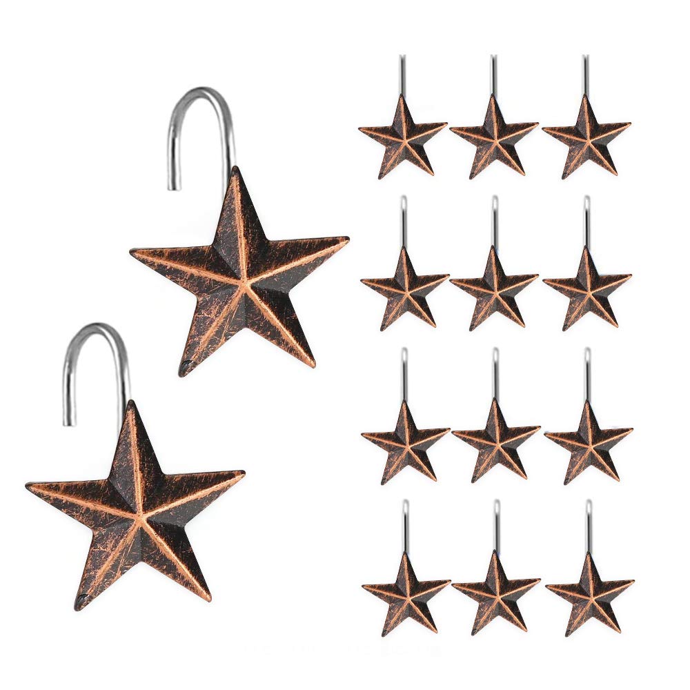Grace Life 12-Piece Star Design Shower Curtain Hooks - Rust-Resistant Resin Bathroom Decor Hangers (Antique Finish) - Perfect for Vintage & Coastal Bathroom Themes