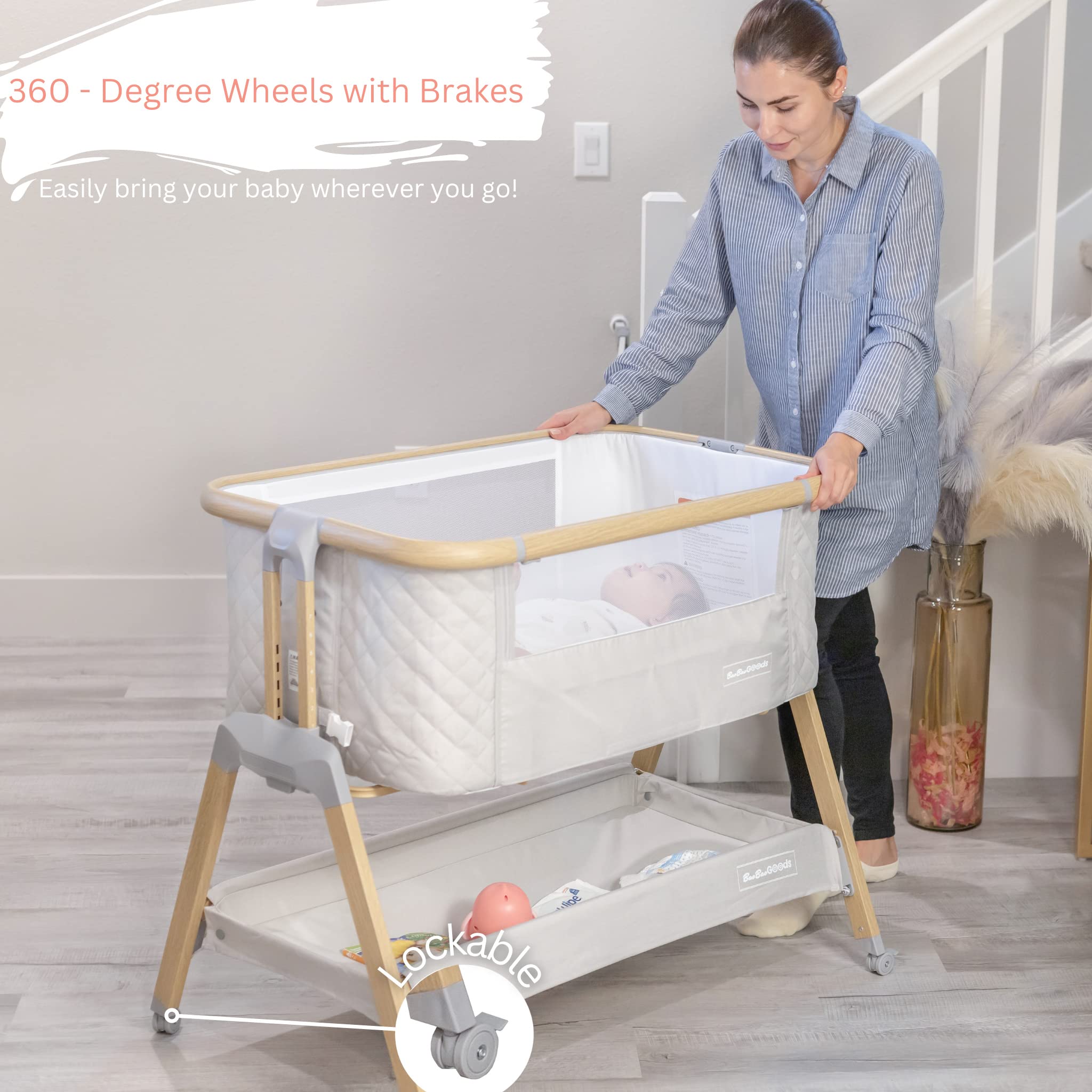 3 in 1 Baby Bassinet with Wheels - Portable Adjustable Bedside Sleeper for Newborns & Infants, 7 Height Settings with Foam Mattress & Storage Basket, Includes Carry Bag - Perfect for Nursery, Bedroom & Travel