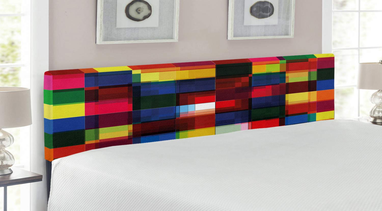 Ambesonne Abstract King Size Upholstered Headboard - Colorful Mosaic Tile Grid Print with Memory Foam | Modern Decorative Metal Bed Headboard for Master Bedroom | Perfect for Contemporary Home Decor & Guest Room Styling