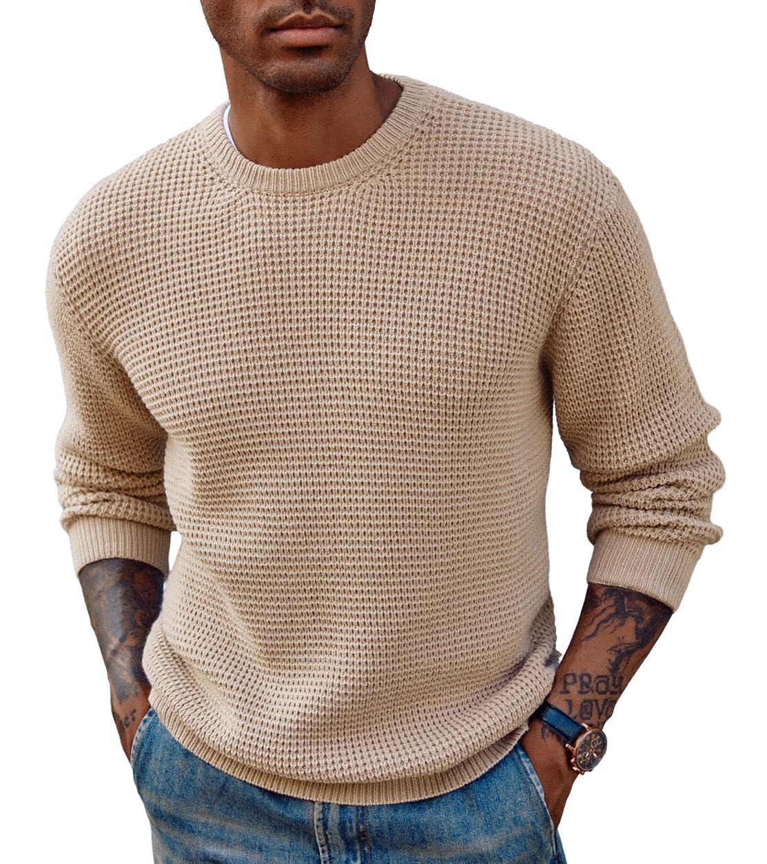 PJ PAUL JONES Men's Waffle Knit Crewneck Sweater - Long Sleeve Textured Pullover for Casual Wear, Office & Fall Outfits
