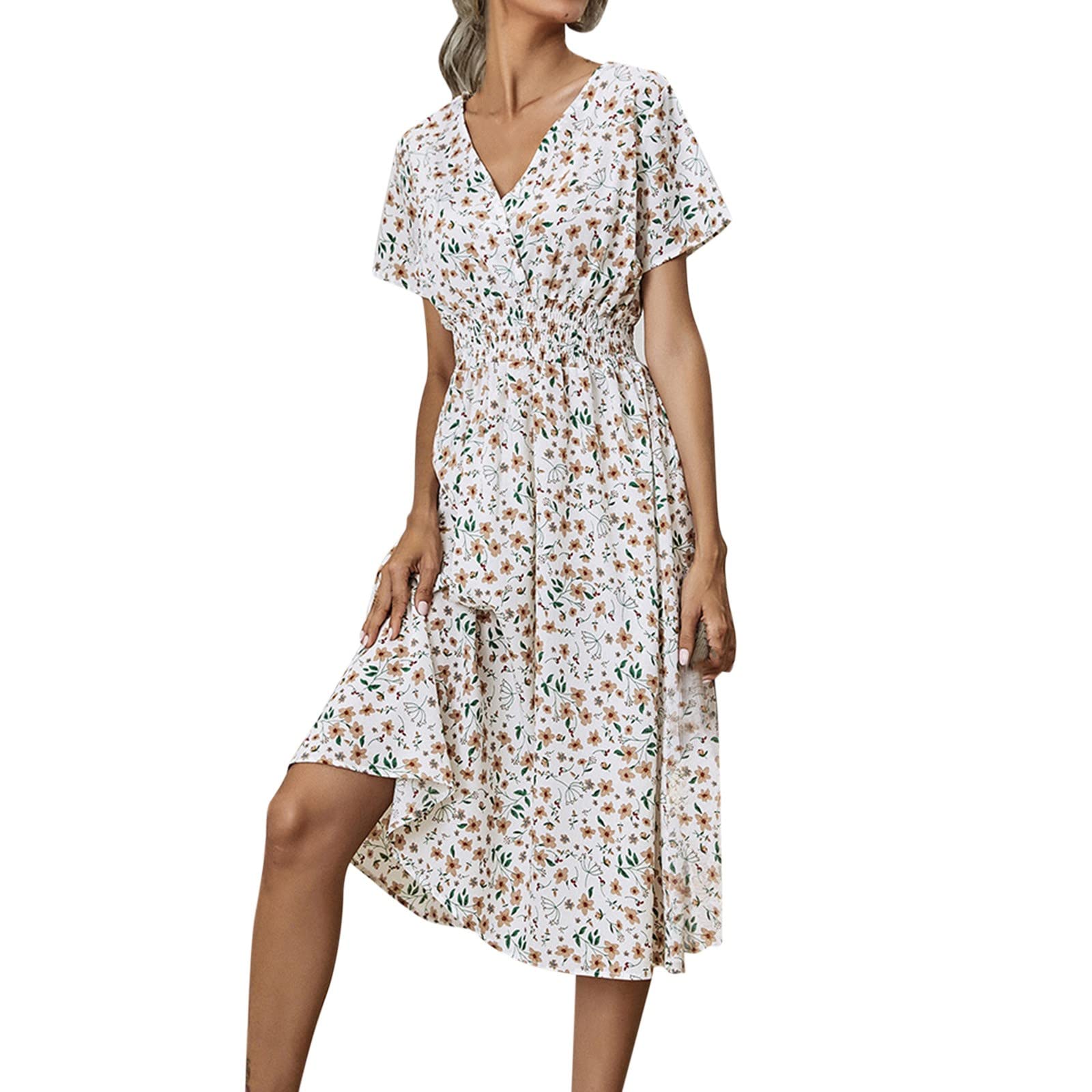 Women's Floral Print Maxi Dress - V-Neck Short Sleeve Loose Fit Casual Elegant Summer Dress for Beach, Party & Evening Wear