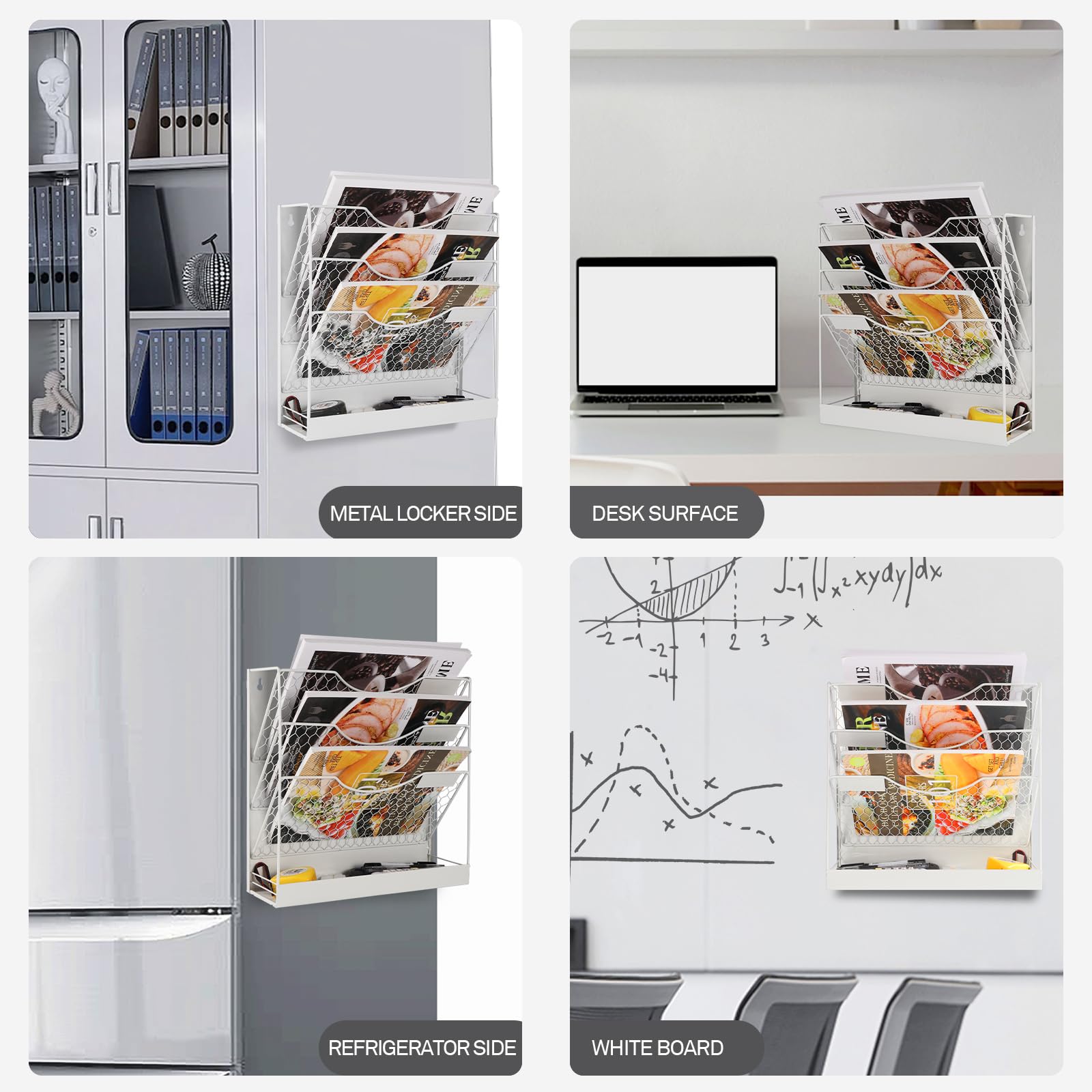 WOMACO 4-Tier Magnetic File Organizer - Large Heavy Duty File Folder Holder for File Cabinet, Wall Mount Paper Mail Organizer - Perfect for Home Office & Whiteboard (White) - Ideal for Desk Organization & Document Storage