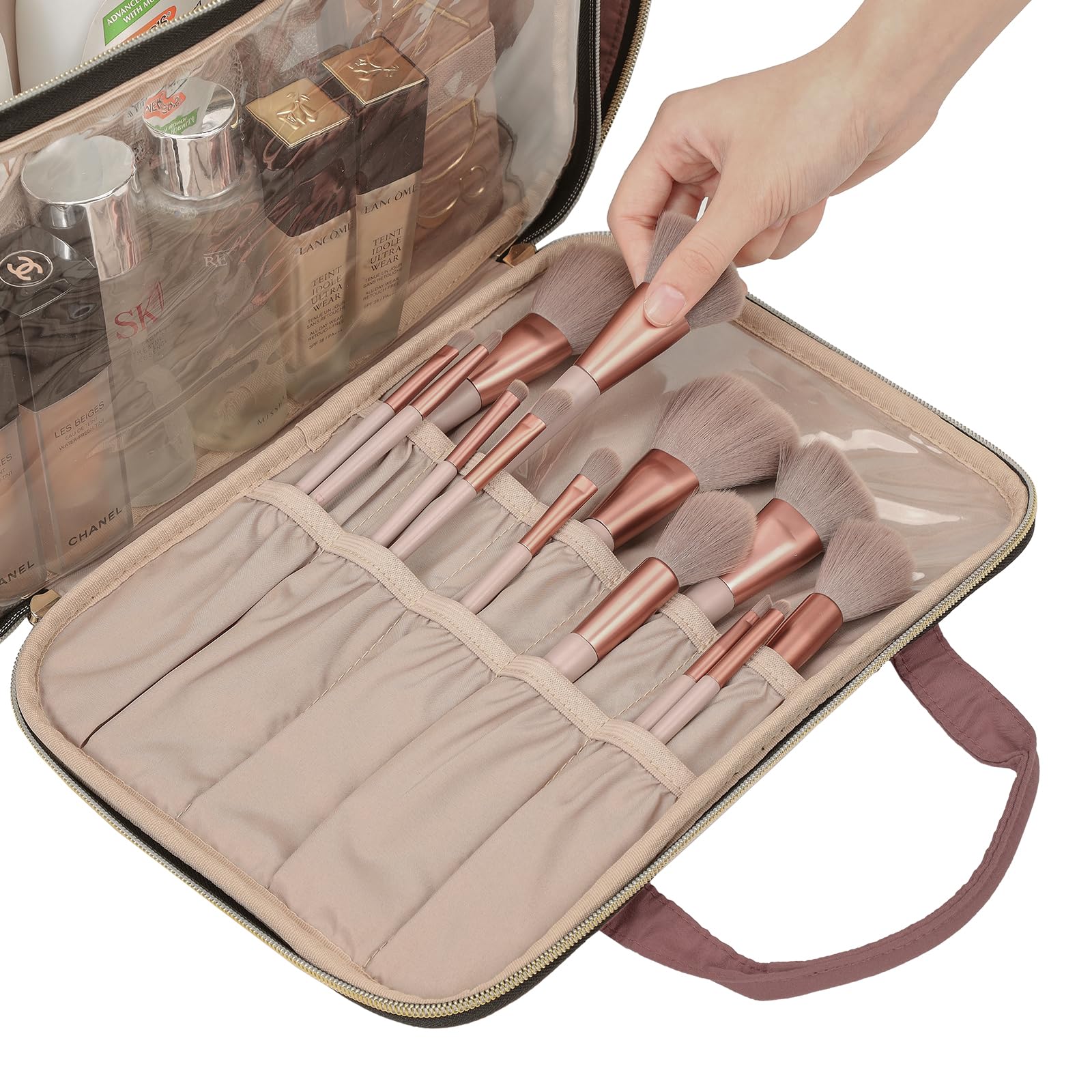 NISHEL Travel Makeup Bag Organizer - Portable Stand Up Cosmetic Case for Toiletries | Rosewood-Pink | Perfect for Vacation, Business Trips & Daily Use