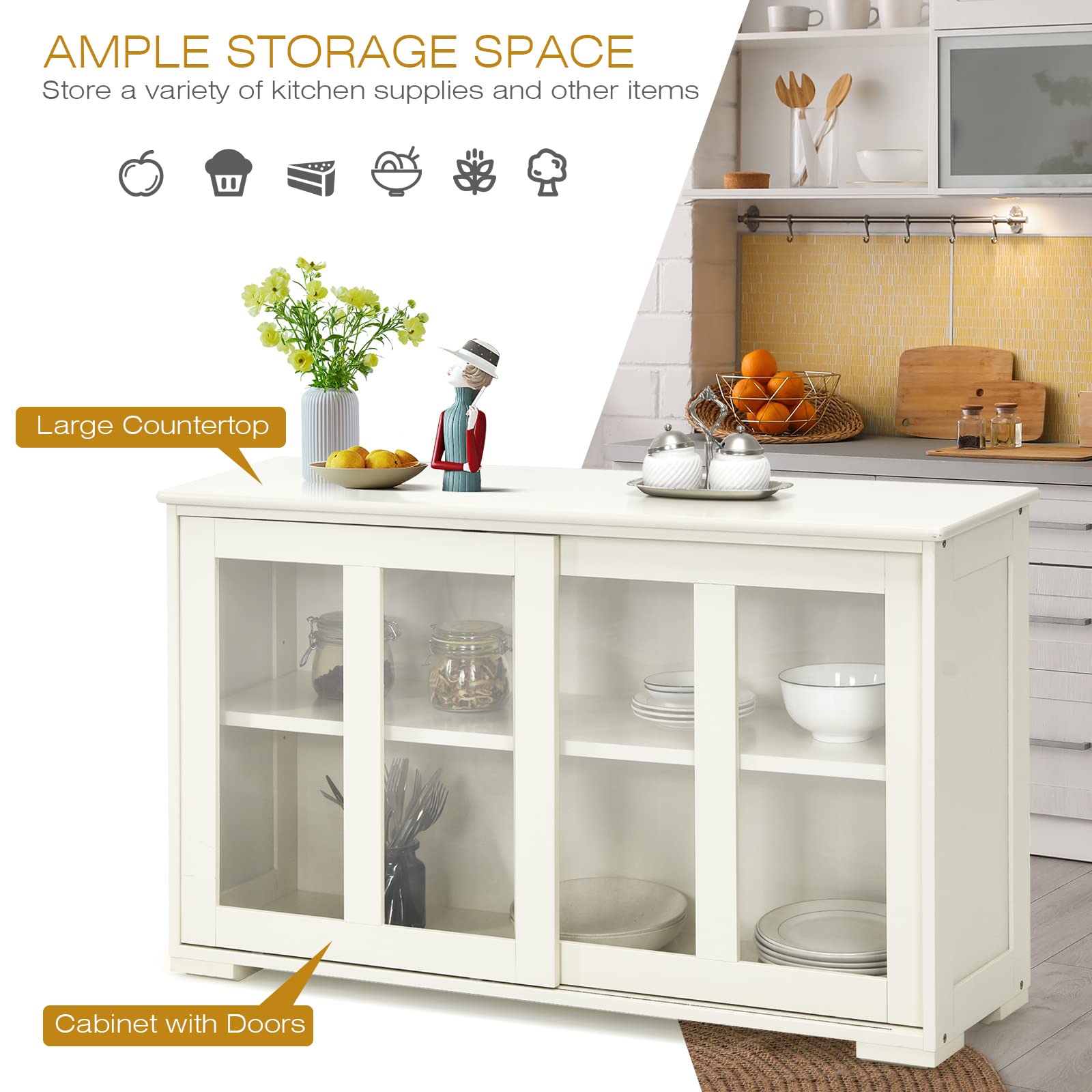 Stackable Sideboard Buffet Cabinet with Adjustable Shelves & Glass Sliding Doors - White Wooden Credenza Storage Table for Kitchen, Dining Room, Living Room | Perfect for Coffee Bar Setup, Entryway Organization & Home Decor